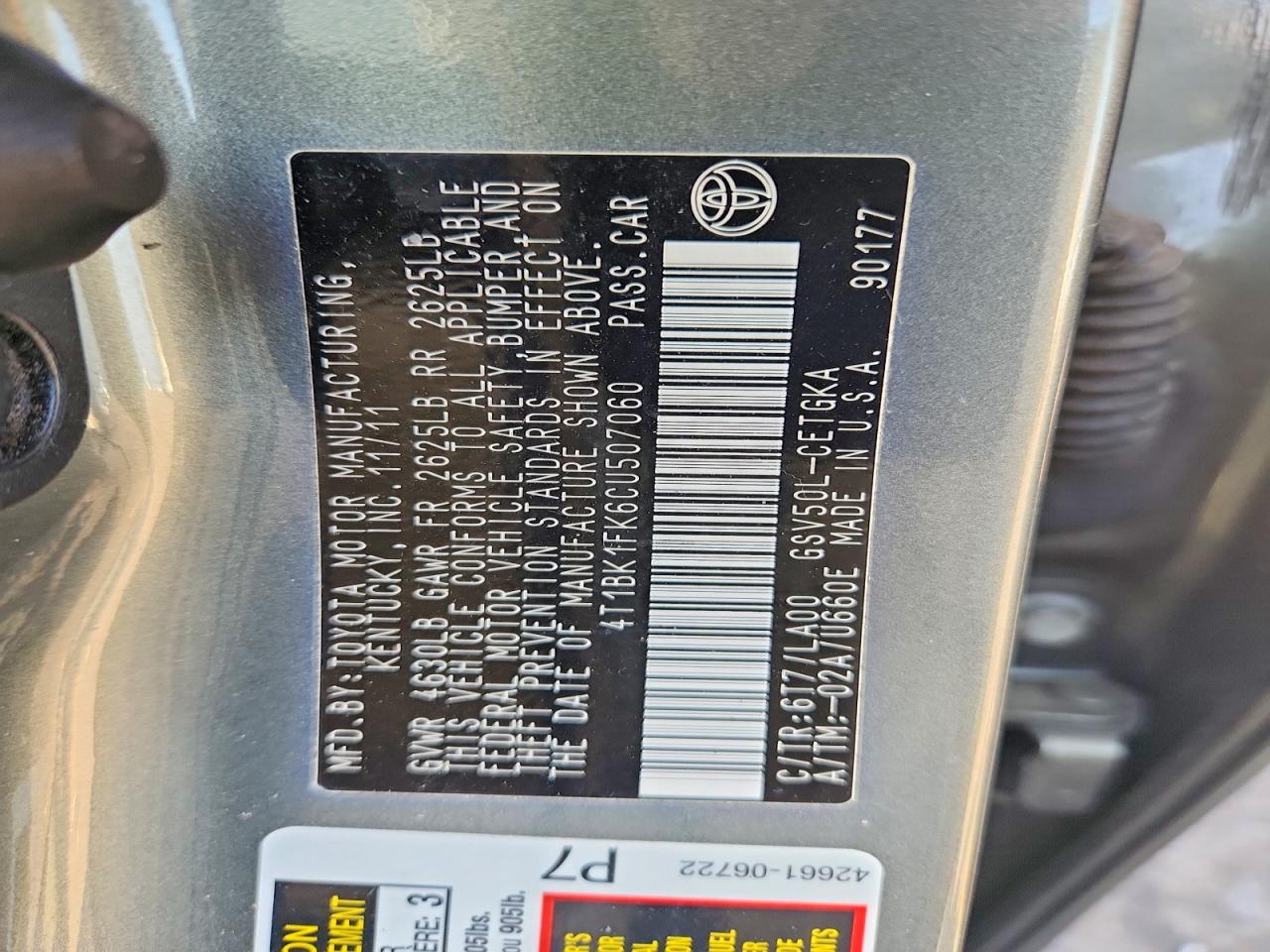 2012 Toyota Camry Xle V6 Gray vin: 4T1BK1FK6CU507060