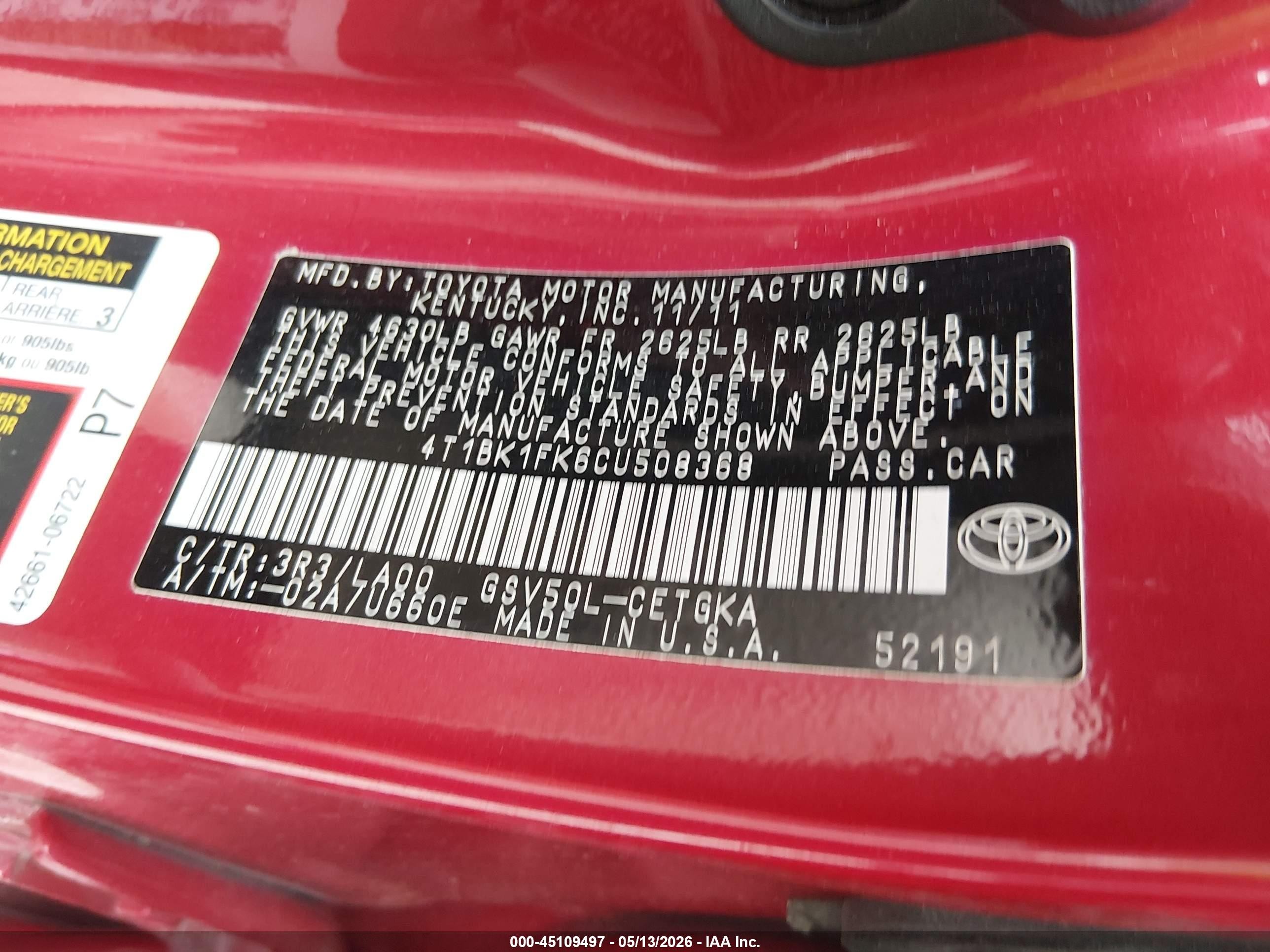 2012 Toyota Camry Xle V6 Red vin: 4T1BK1FK6CU508368