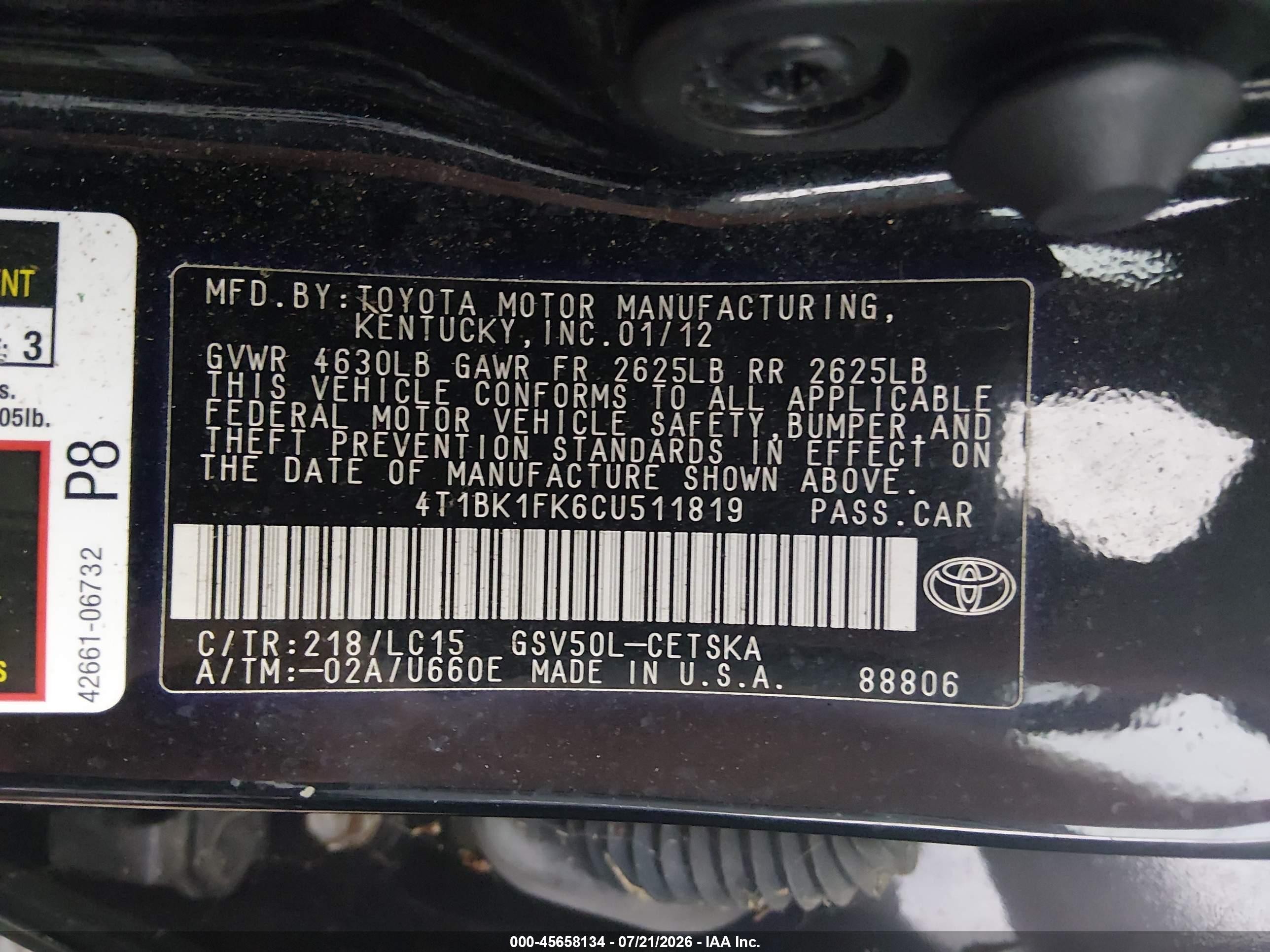 2012 Toyota Camry Se V6 Black vin: 4T1BK1FK6CU511819