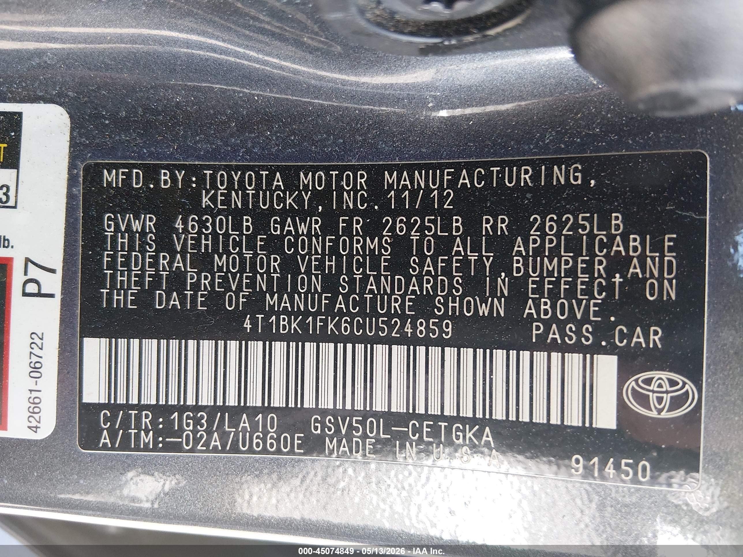 2012 Toyota Camry Xle V6 Gray vin: 4T1BK1FK6CU524859