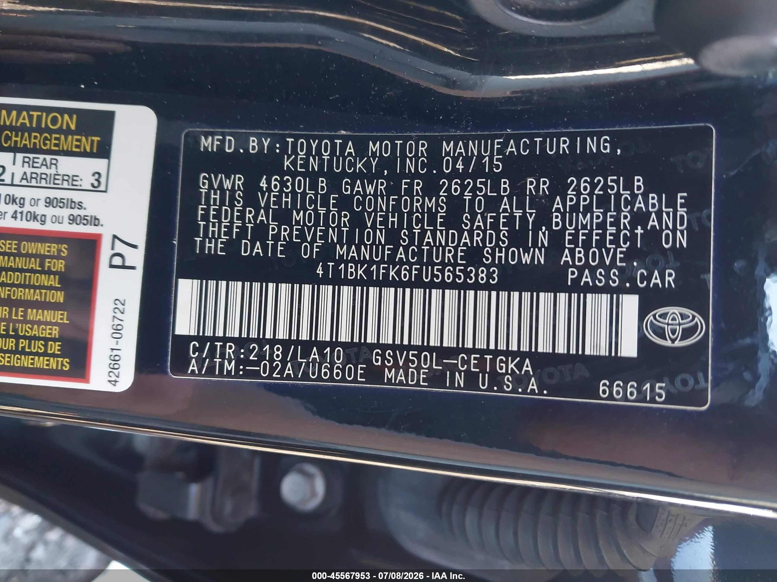 2015 Toyota Camry Xle V6 Black vin: 4T1BK1FK6FU565383