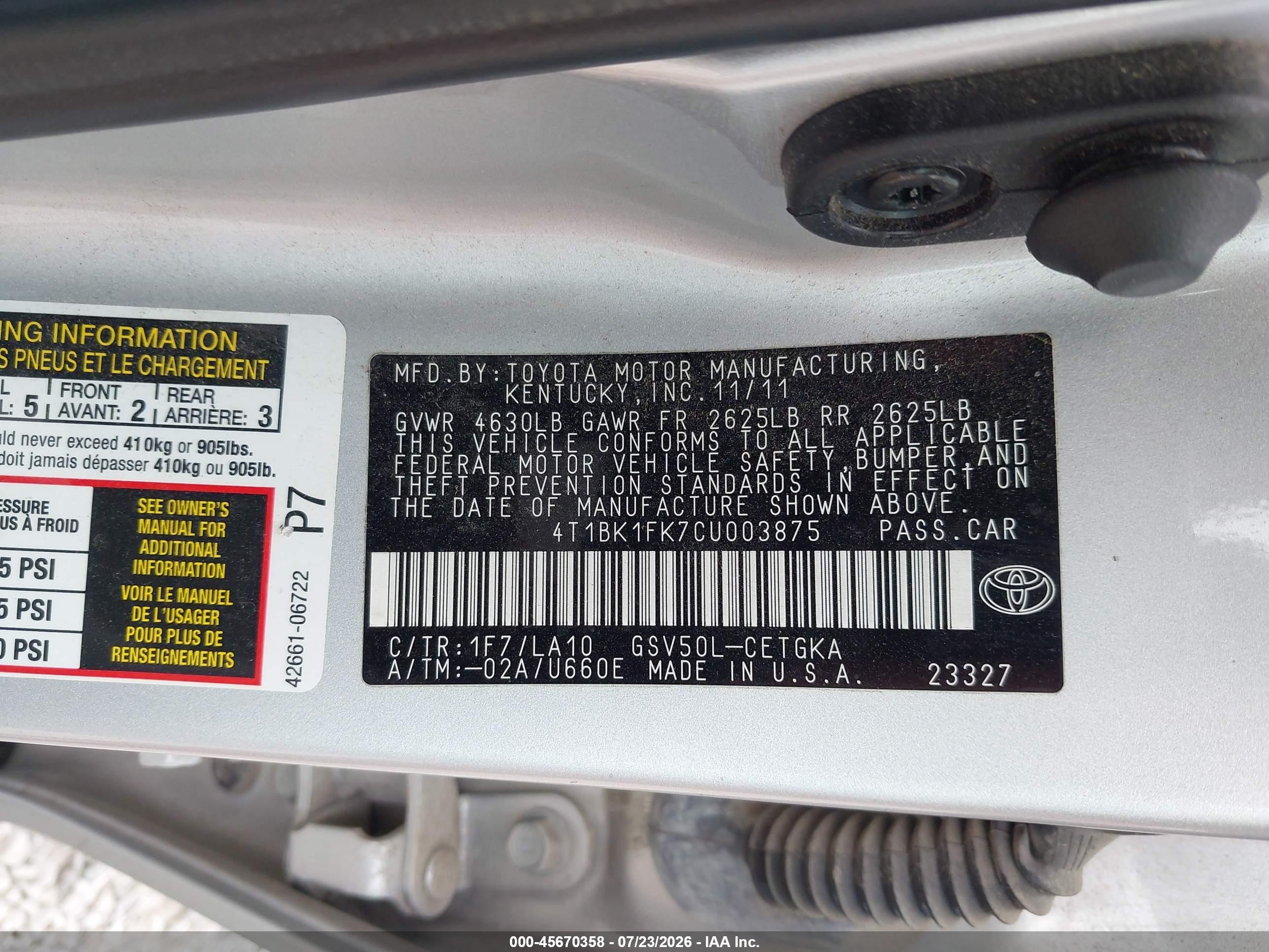 2012 Toyota Camry Xle V6 Серебряный vin: 4T1BK1FK7CU003875