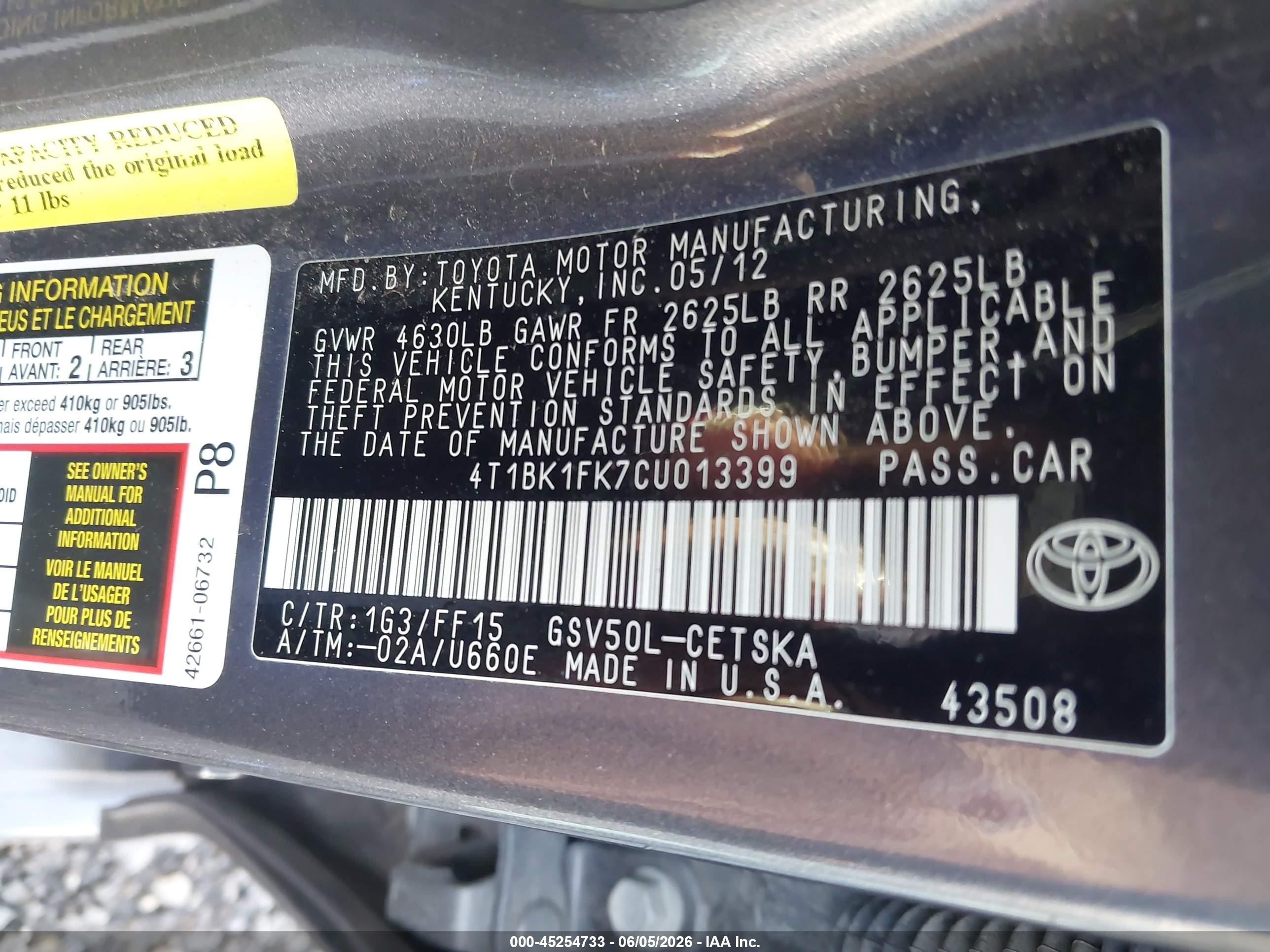 2012 Toyota Camry Se V6 Gray vin: 4T1BK1FK7CU013399