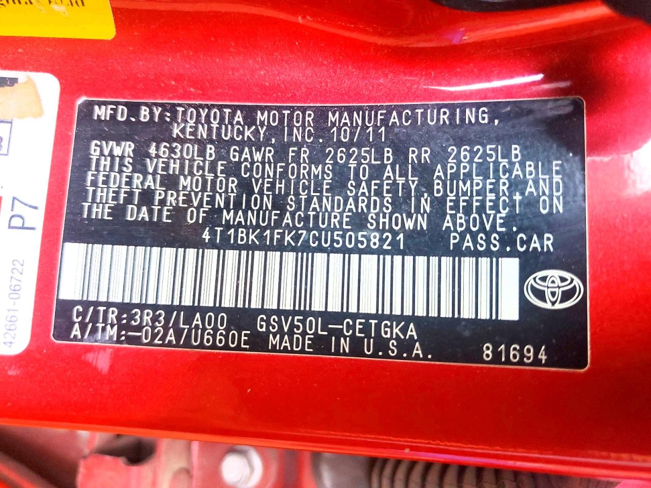 2012 Toyota Camry Xle V6 Red vin: 4T1BK1FK7CU505821