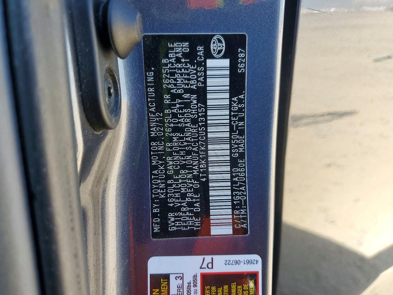 2012 Toyota Camry Xle V6 Серый vin: 4T1BK1FK7CU513157