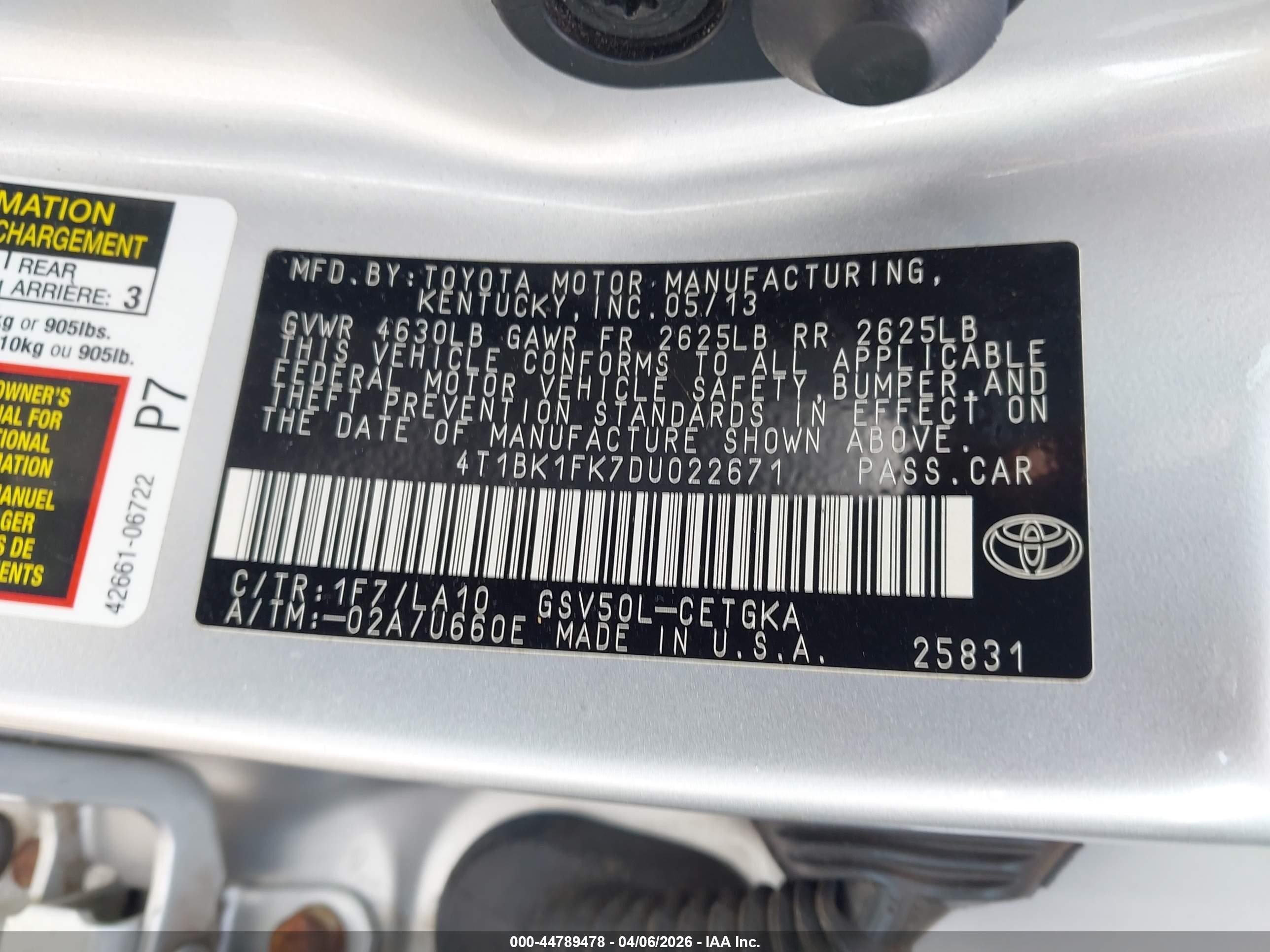 2013 Toyota Camry Xle V6 Серебряный vin: 4T1BK1FK7DU022671