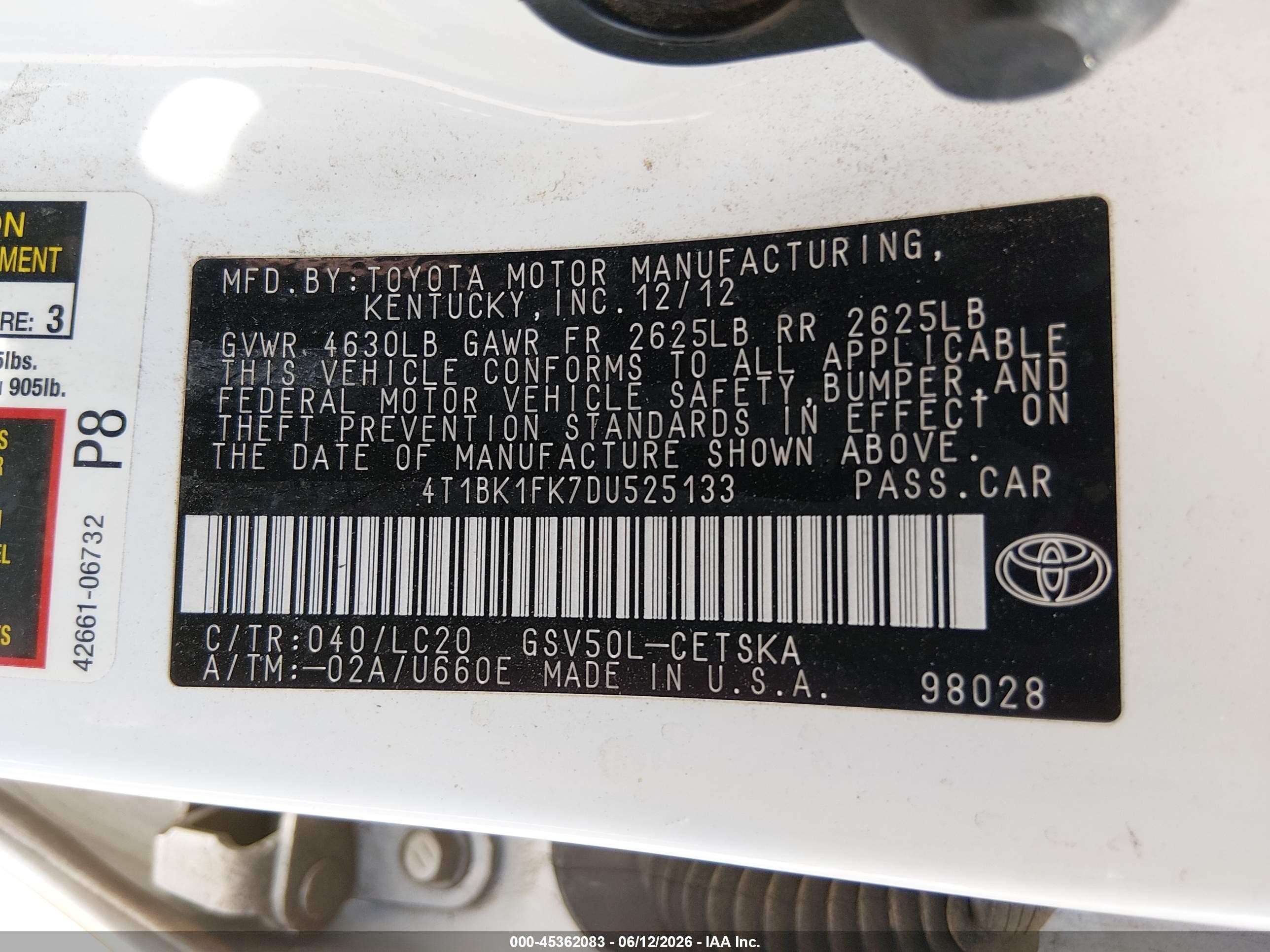 2013 Toyota Camry Se V6 White vin: 4T1BK1FK7DU525133
