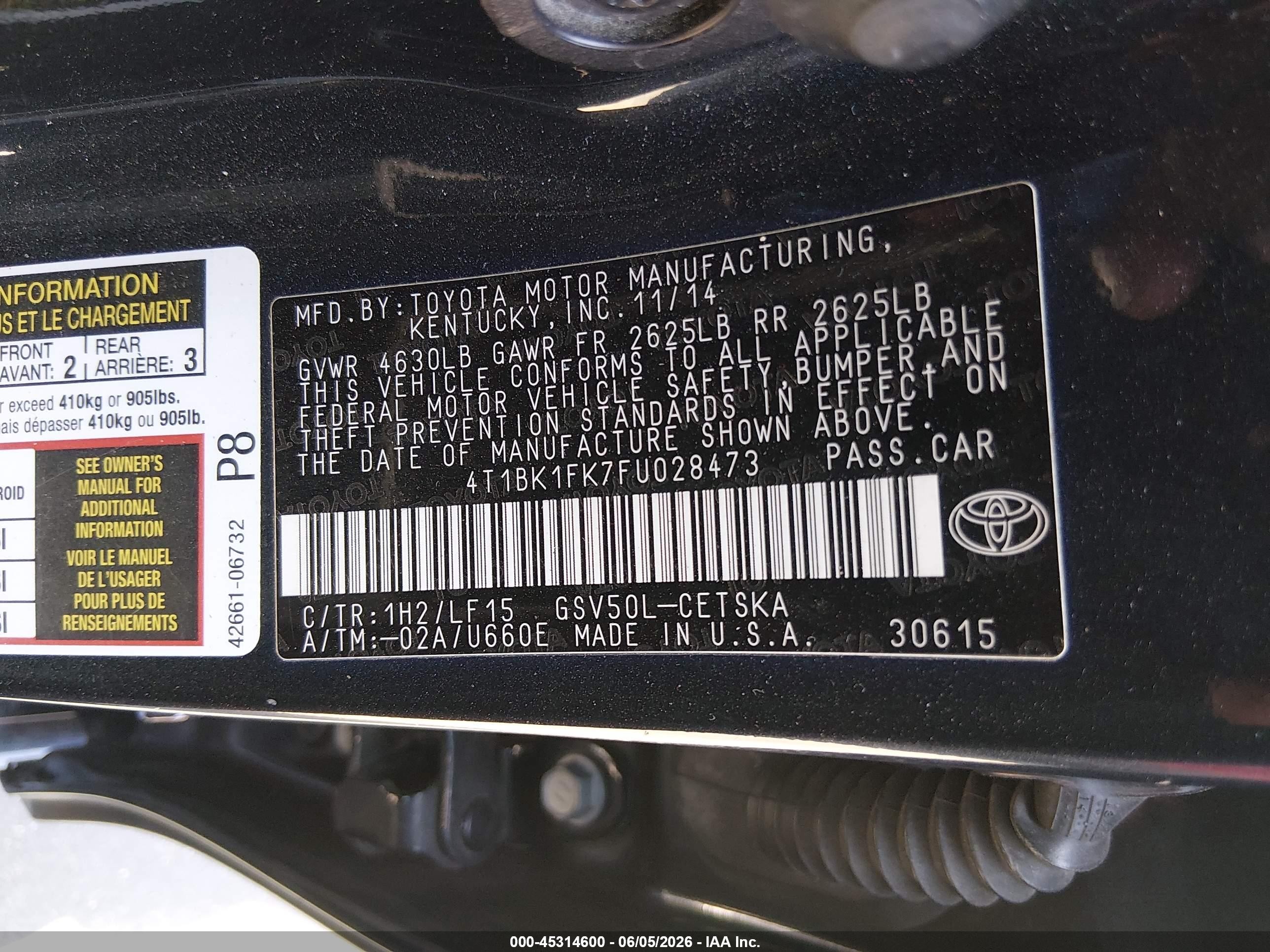 2015 Toyota Camry Xse V6 Синий vin: 4T1BK1FK7FU028473