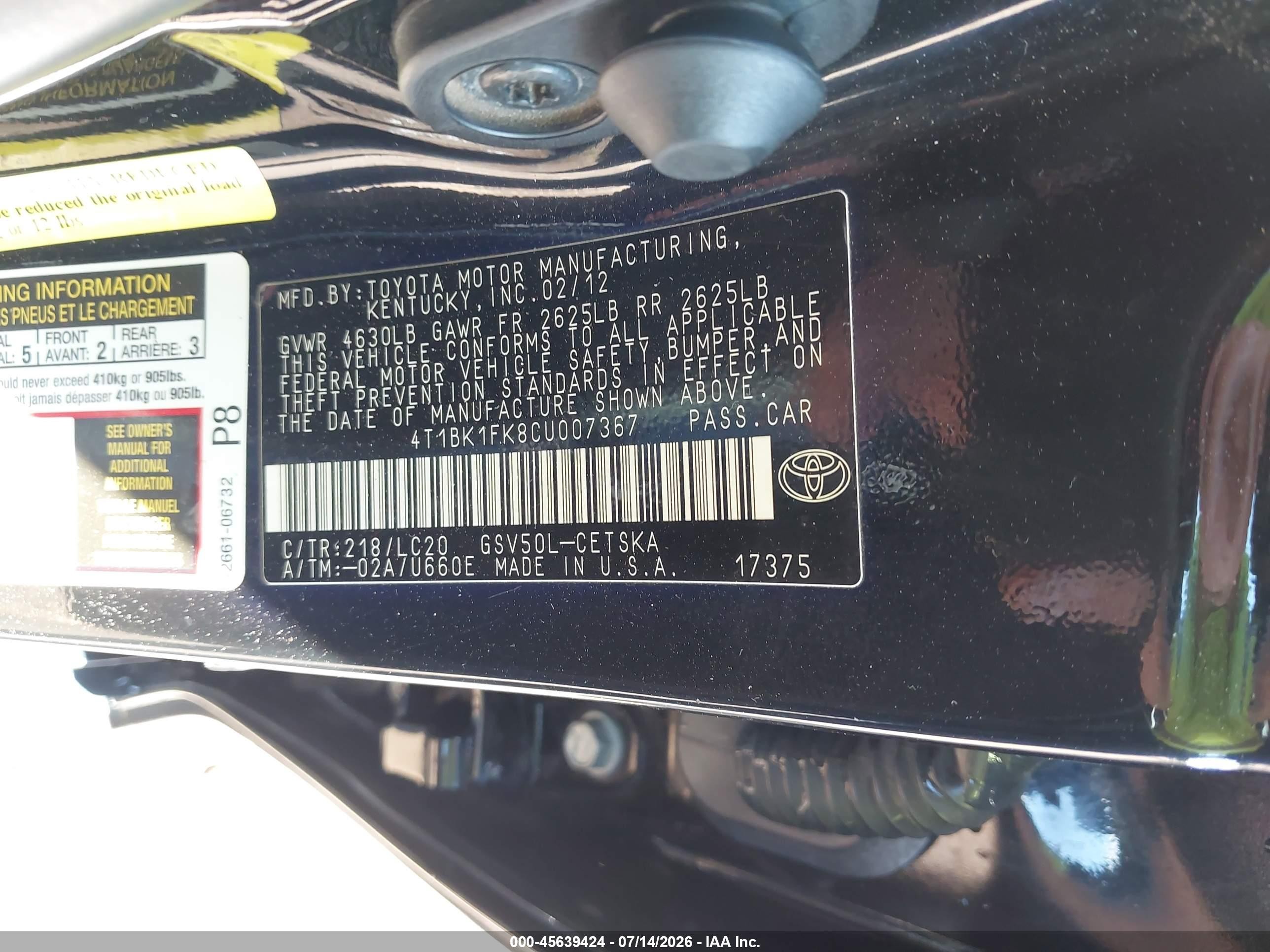 2012 Toyota Camry Se V6 Black vin: 4T1BK1FK8CU007367