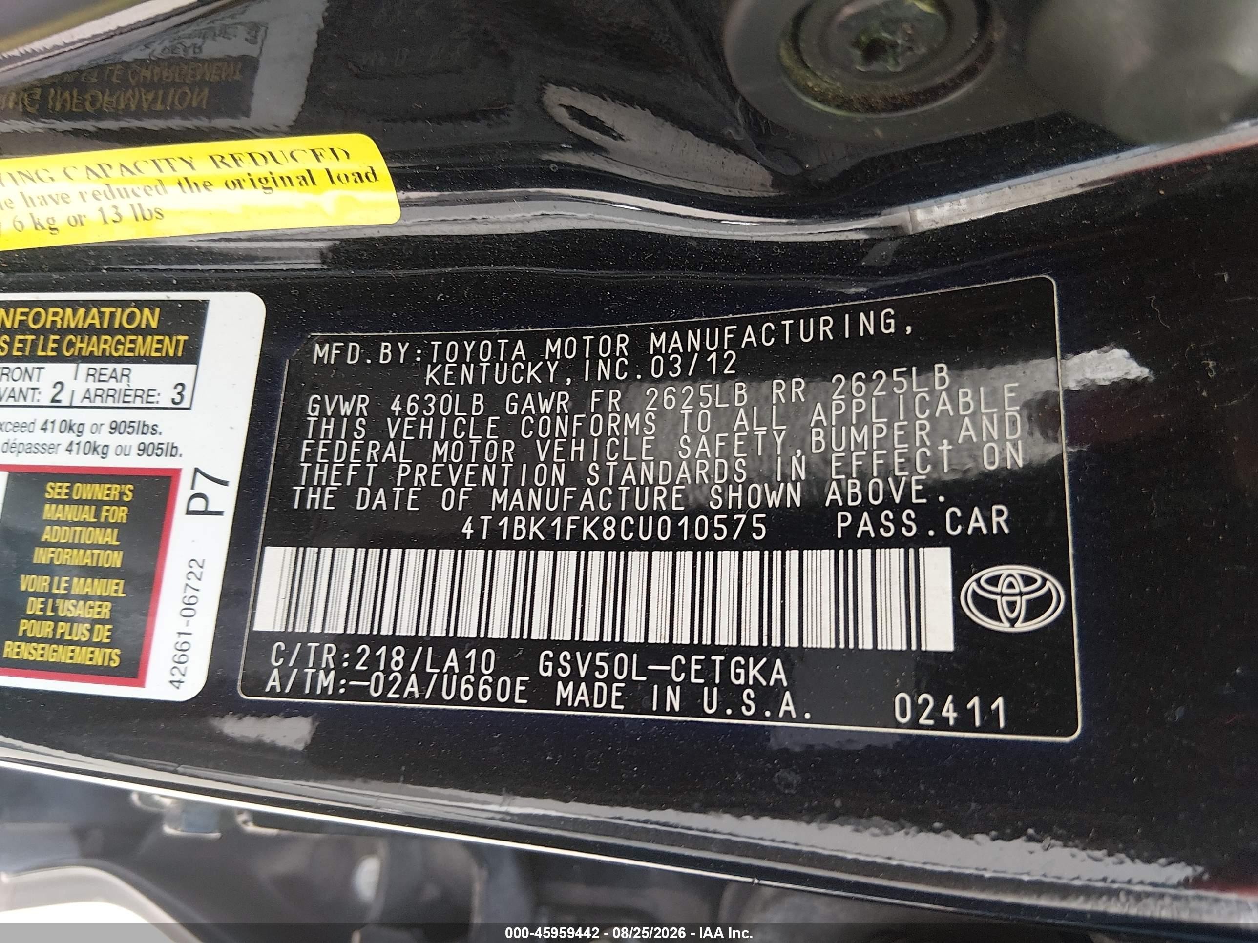 2012 Toyota Camry Xle V6 Black vin: 4T1BK1FK8CU010575