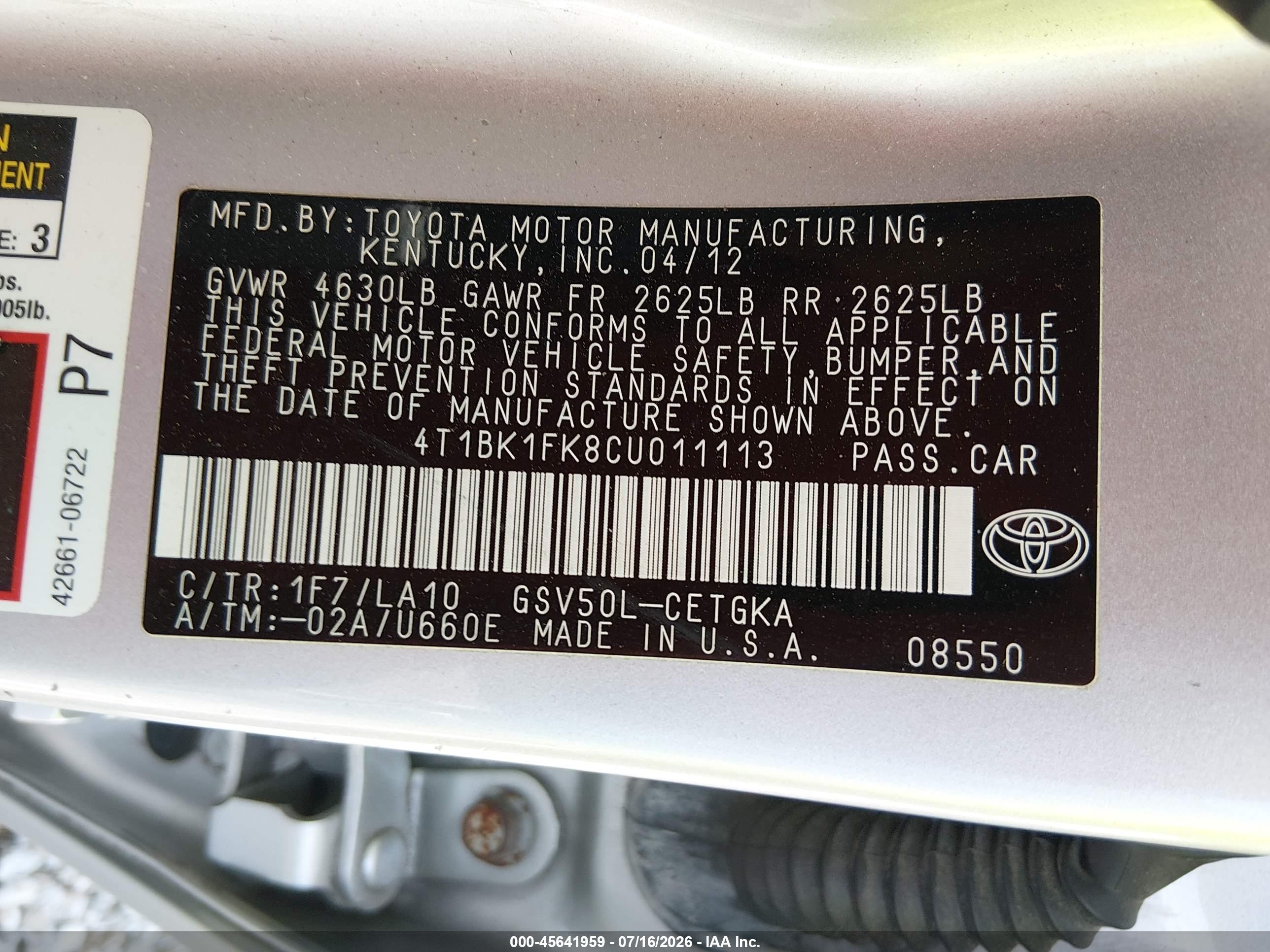 2012 Toyota Camry Xle V6 Silver vin: 4T1BK1FK8CU011113
