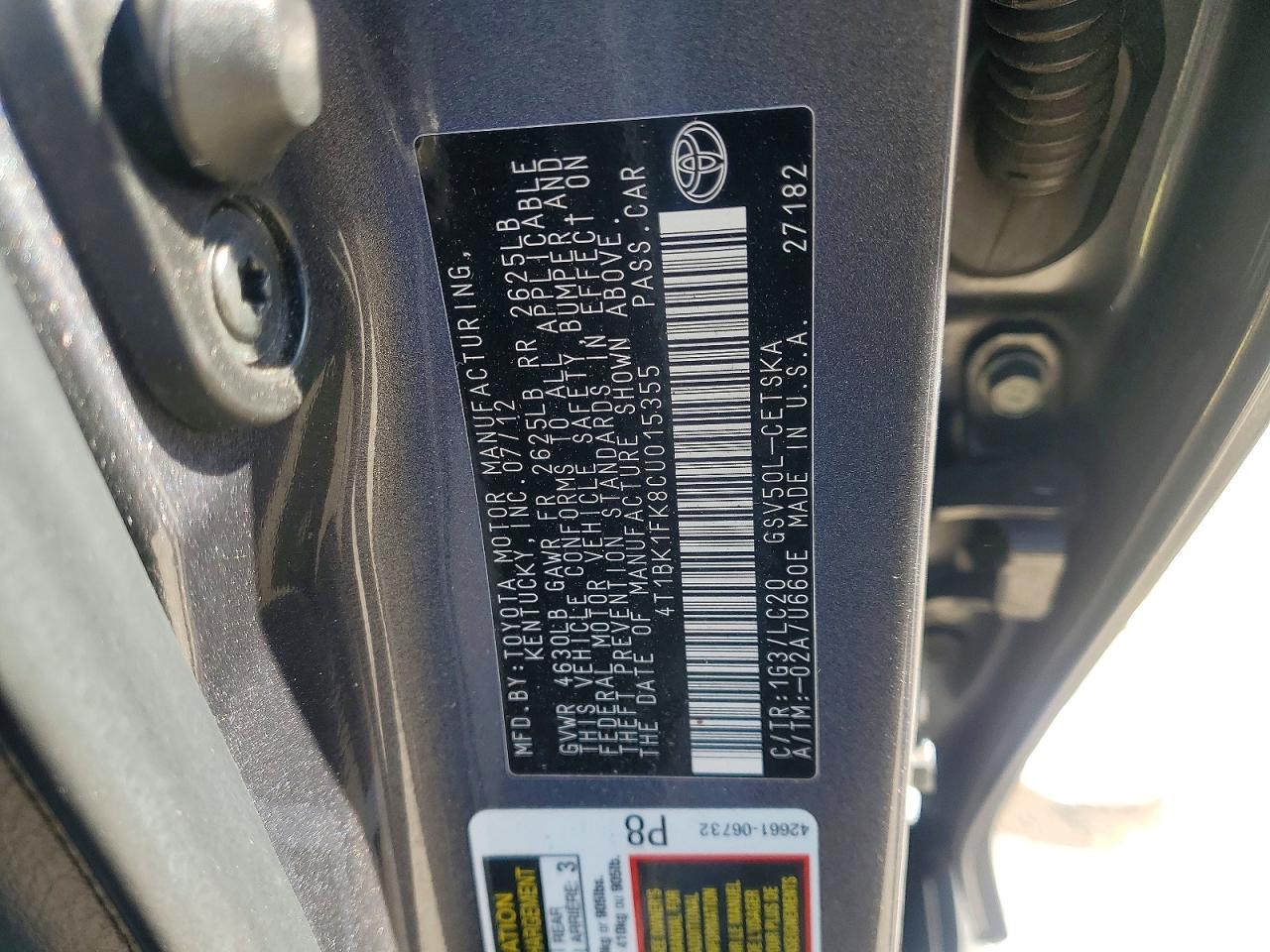 2012 Toyota Camry Gray vin: 4T1BK1FK8CU015355