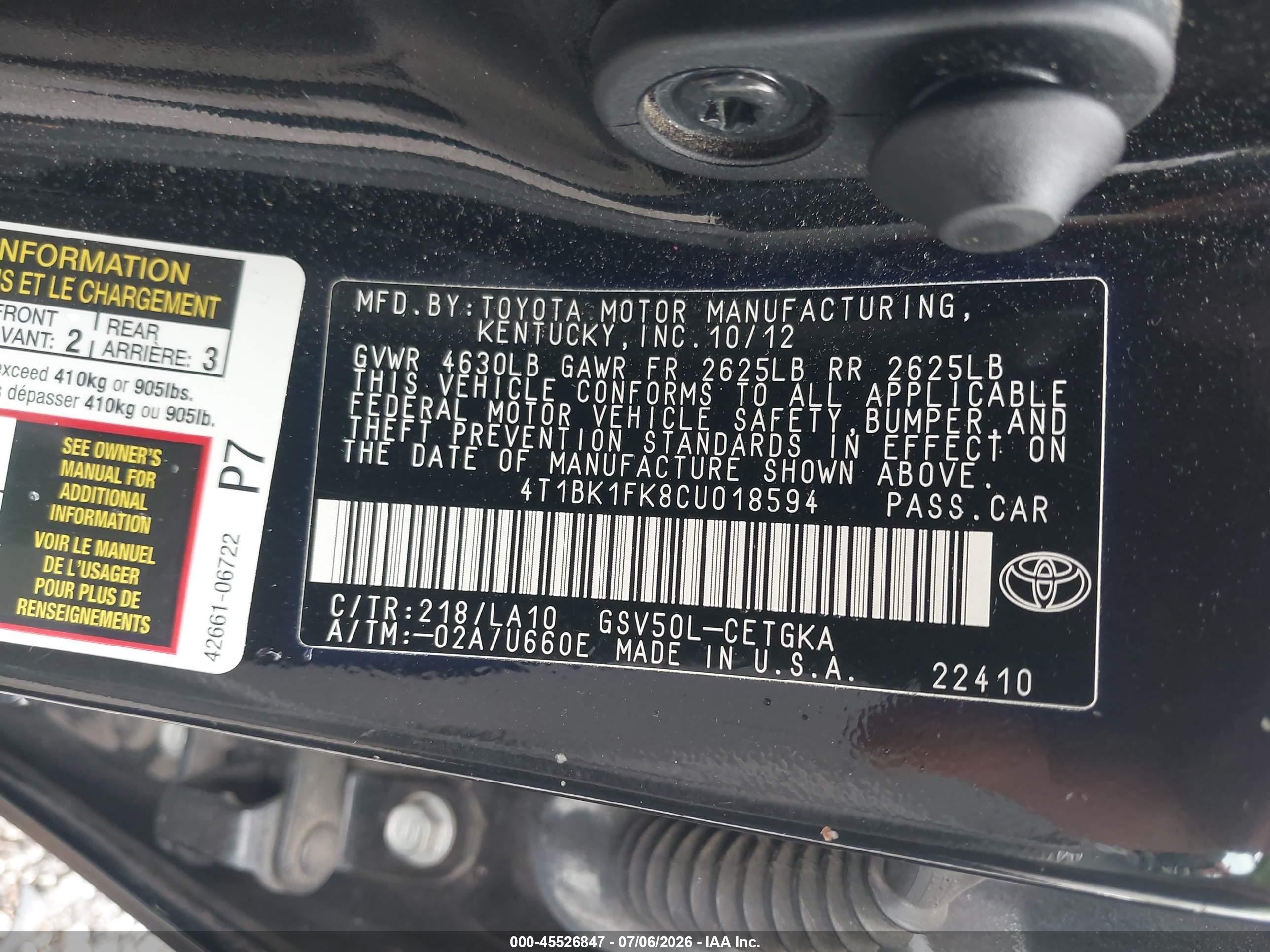 2012 Toyota Camry Xle V6 Black vin: 4T1BK1FK8CU018594
