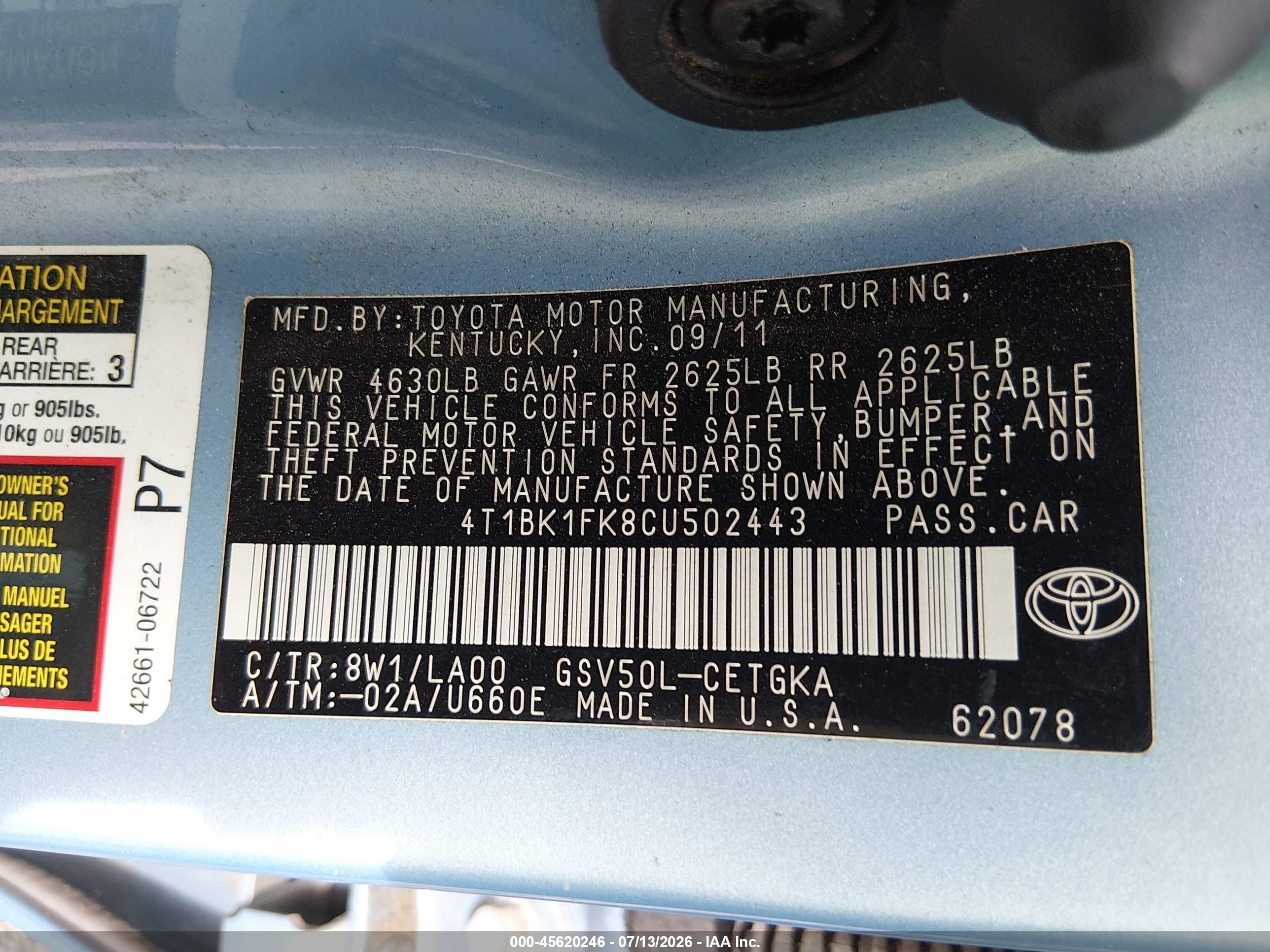 2012 Toyota Camry Xle V6 Blue vin: 4T1BK1FK8CU502443