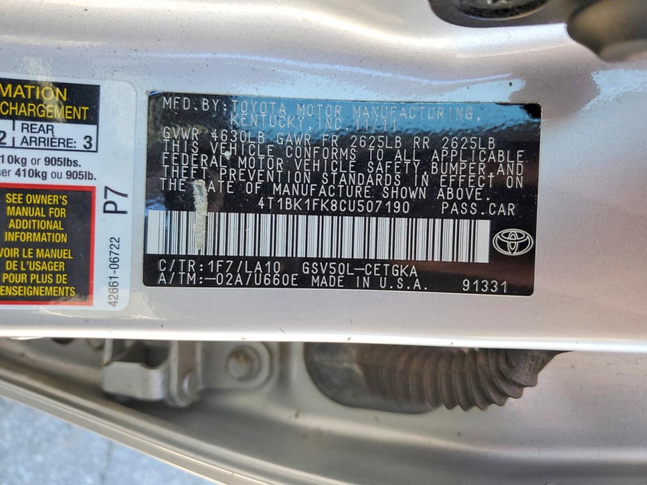 2012 Toyota Camry Xle V6 Silver vin: 4T1BK1FK8CU507190