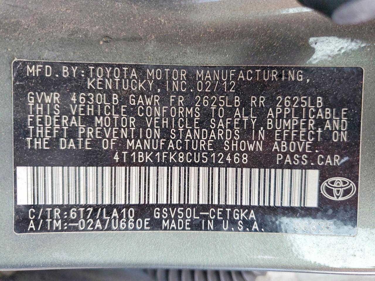 2012 Toyota Camry Xle V6 Gray vin: 4T1BK1FK8CU512468