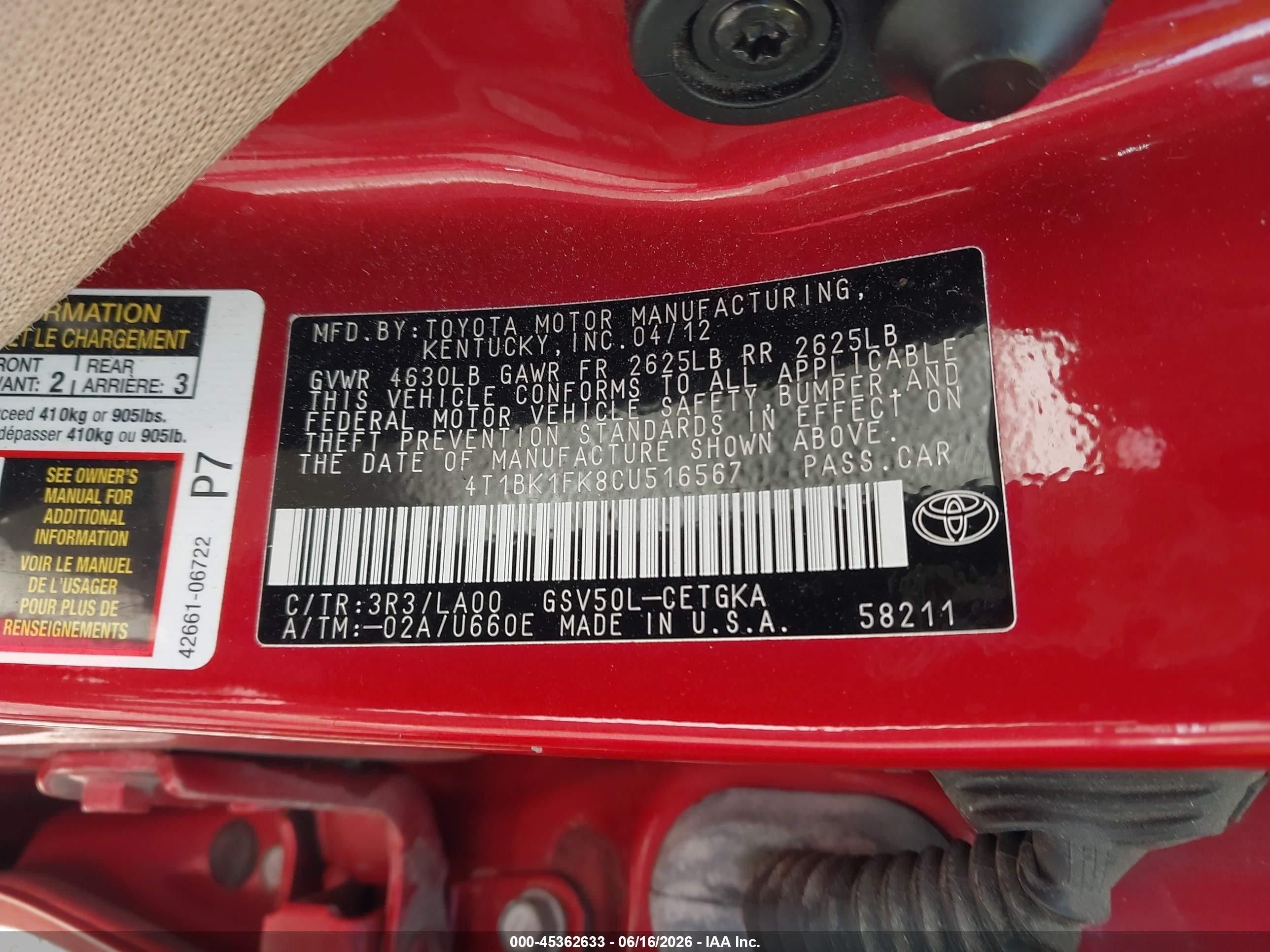 2012 Toyota Camry Xle V6 Red vin: 4T1BK1FK8CU516567