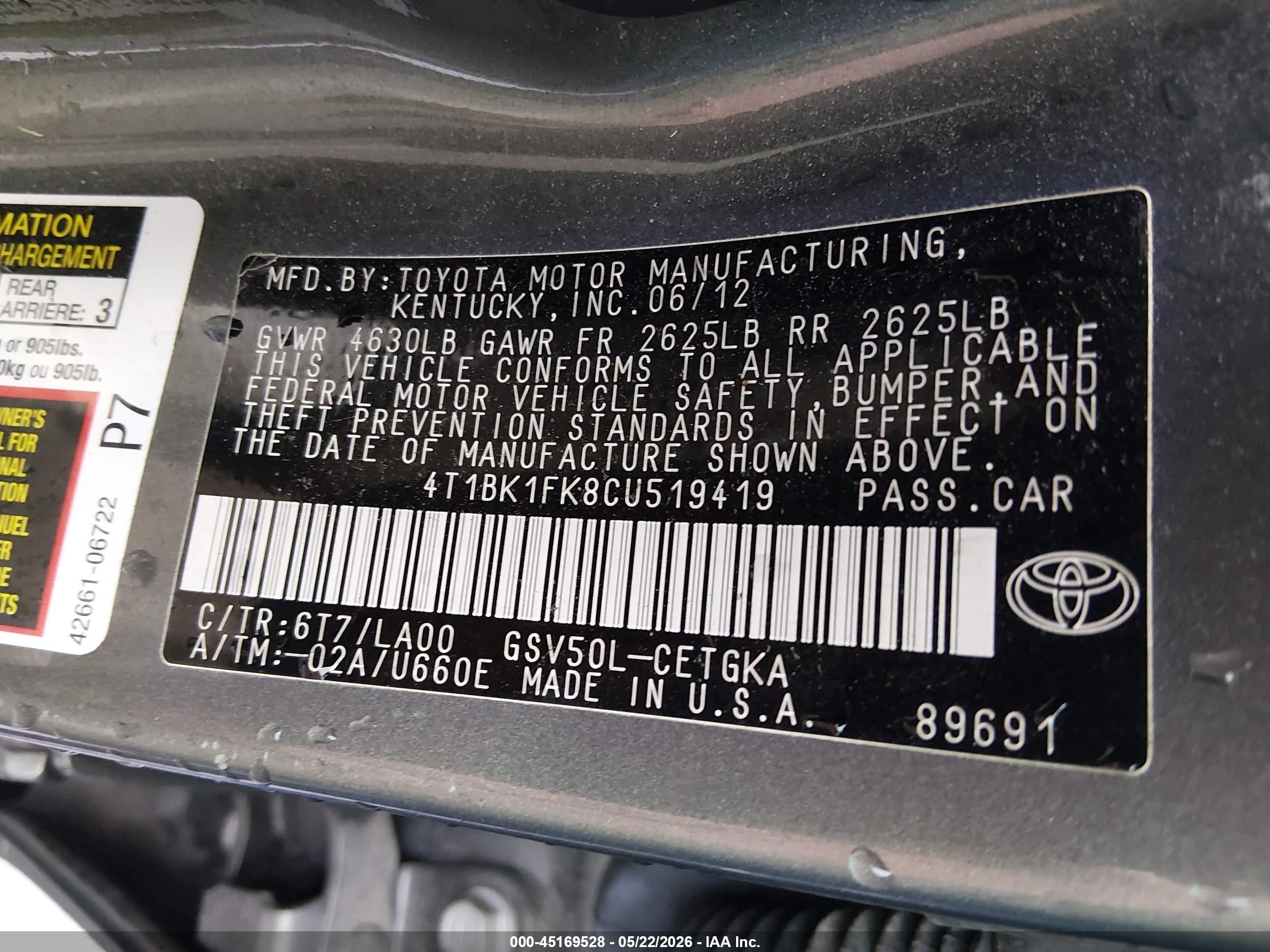 2012 Toyota Camry Xle V6 Gray vin: 4T1BK1FK8CU519419