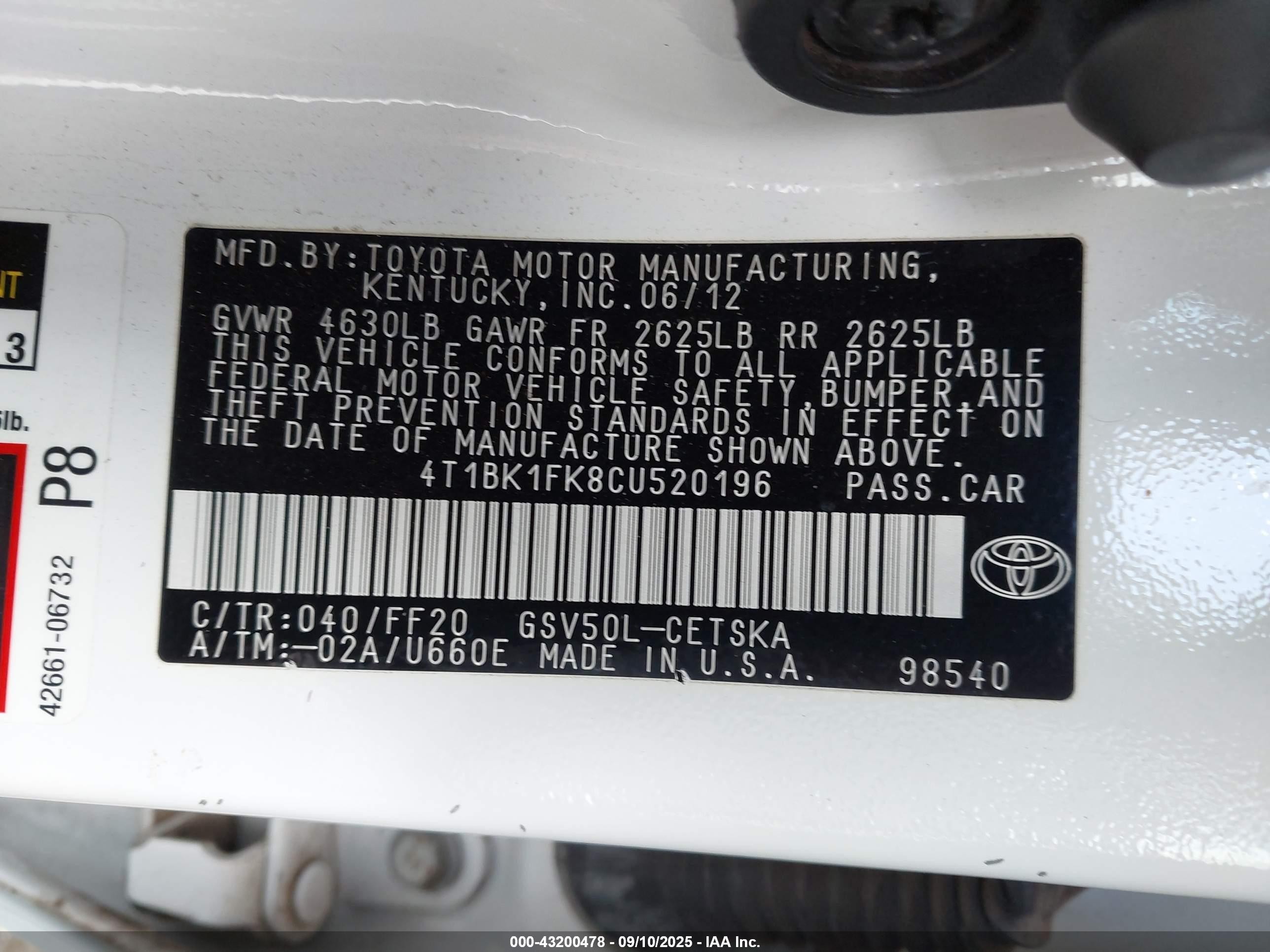 2012 Toyota Camry Se V6 White vin: 4T1BK1FK8CU520196
