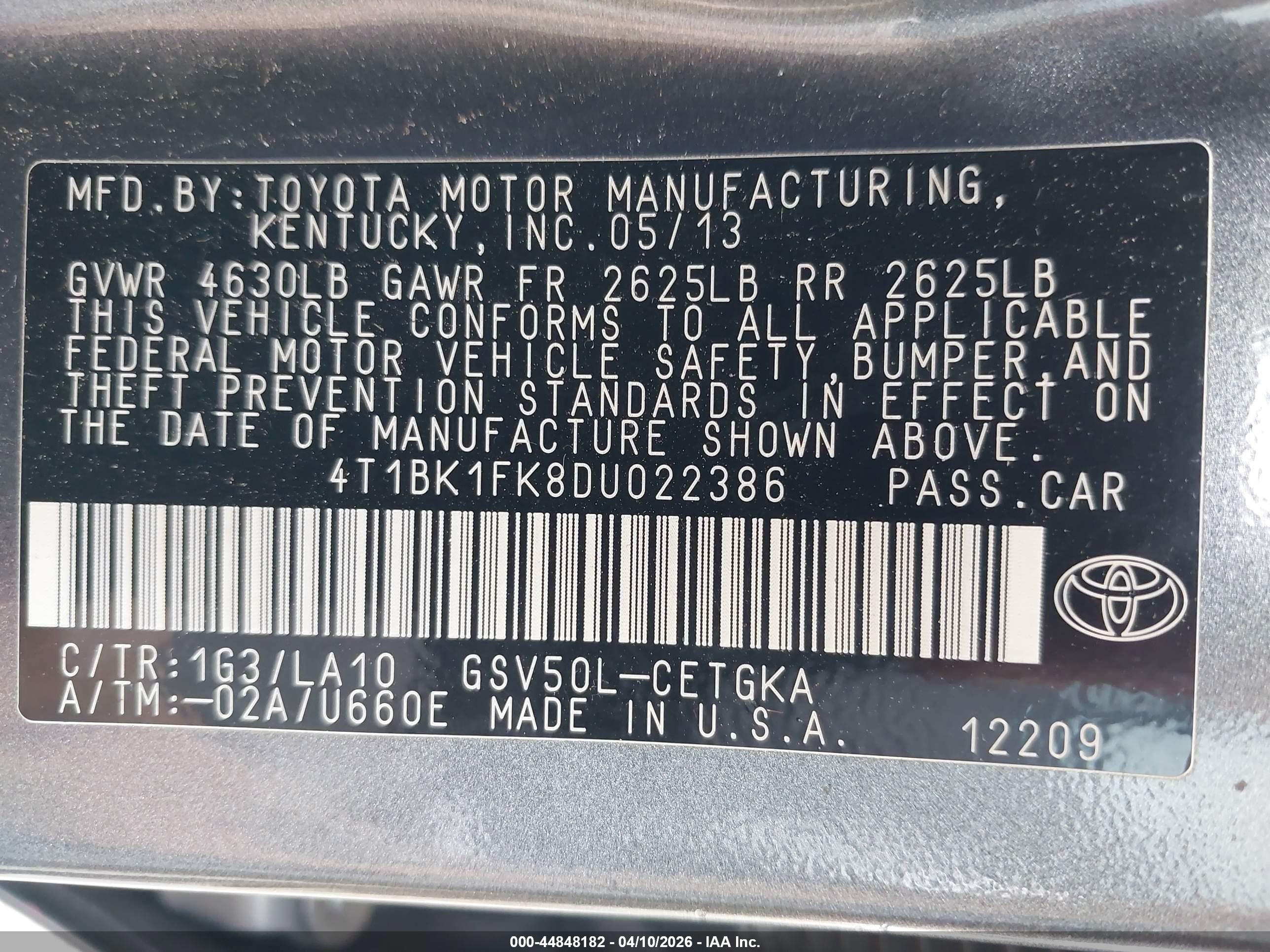 2013 Toyota Camry Xle V6 Gray vin: 4T1BK1FK8DU022386