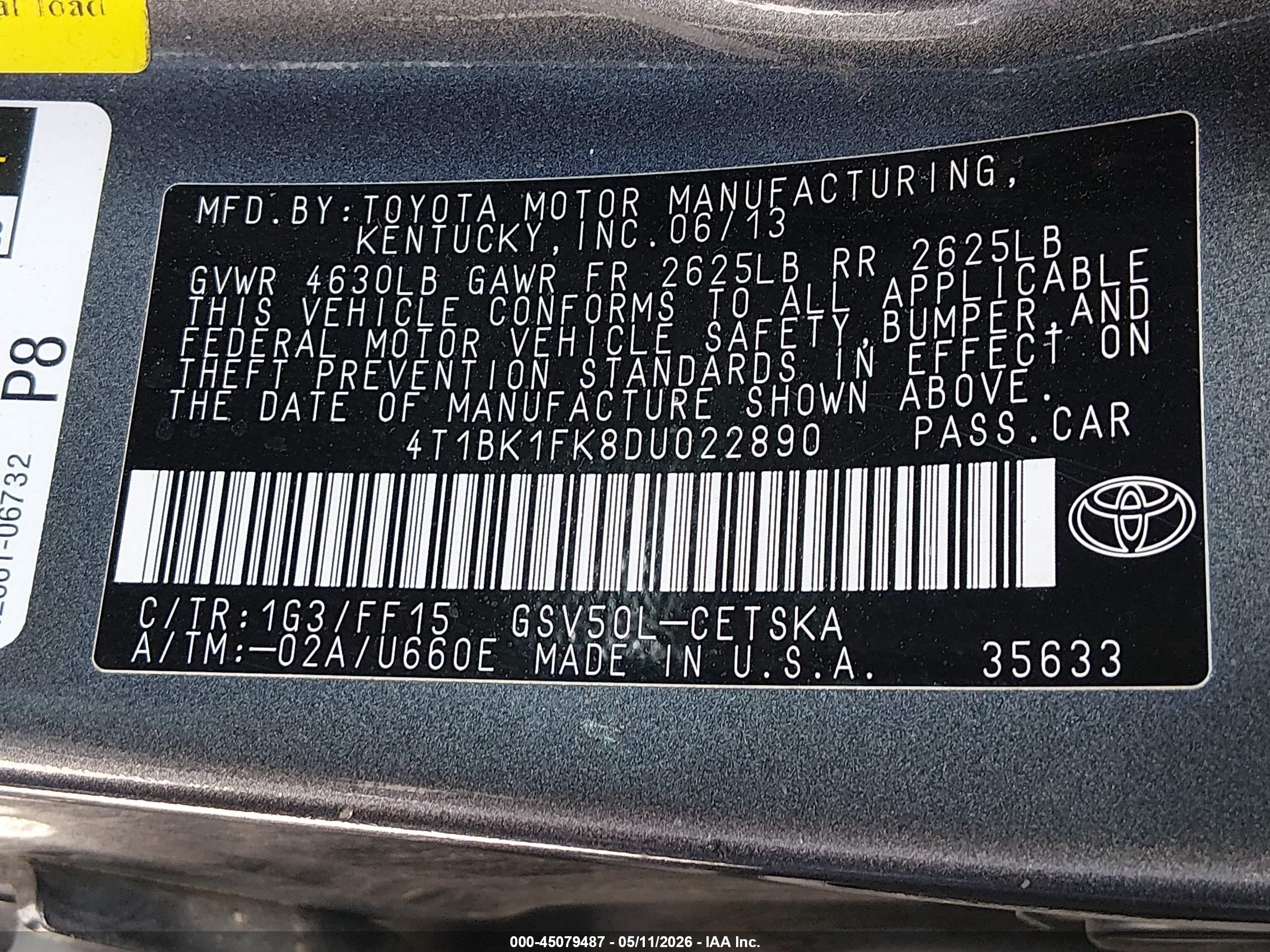 2013 Toyota Camry Se V6 Gray vin: 4T1BK1FK8DU022890