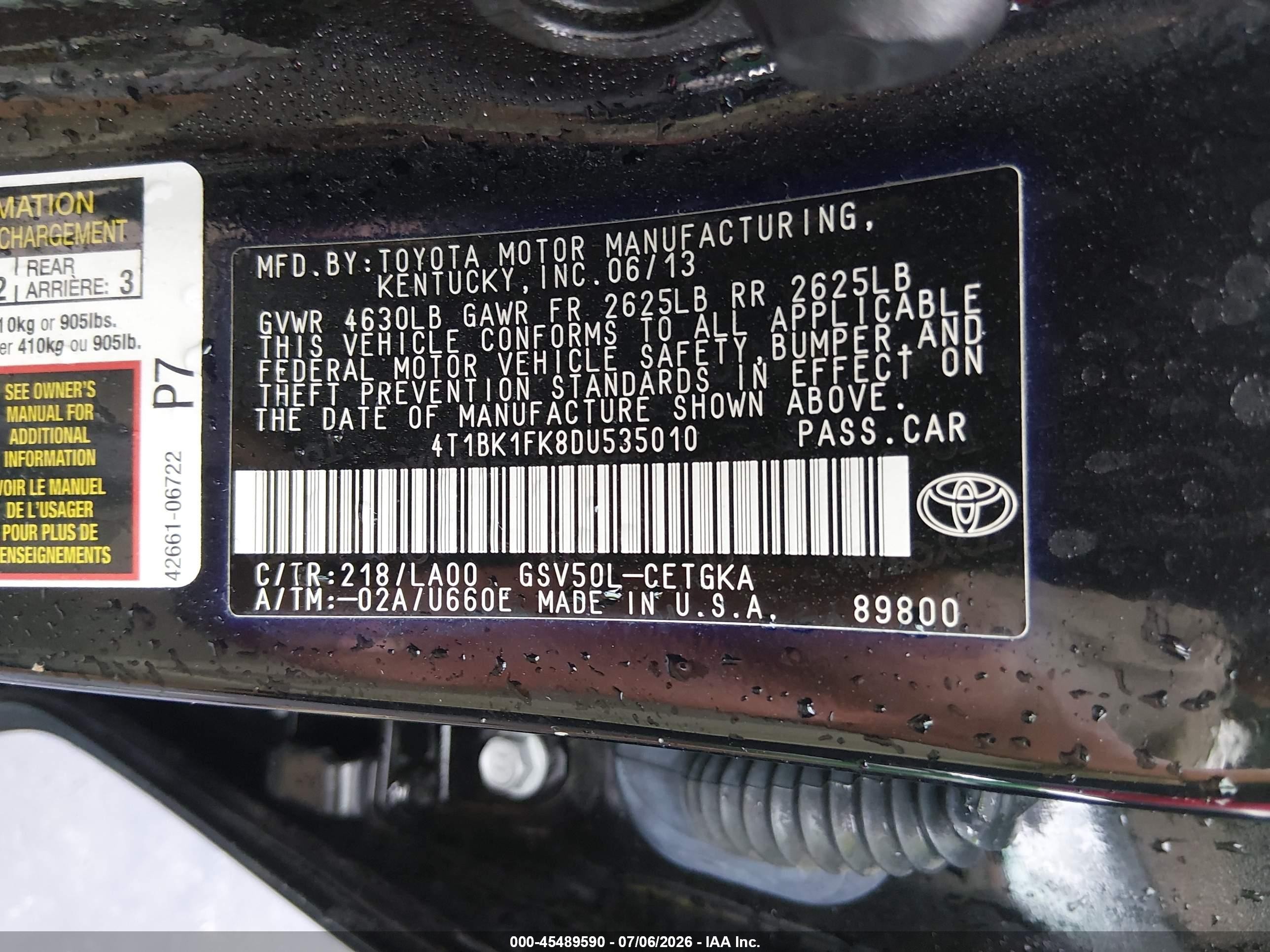 2013 Toyota Camry Xle V6 Black vin: 4T1BK1FK8DU535010