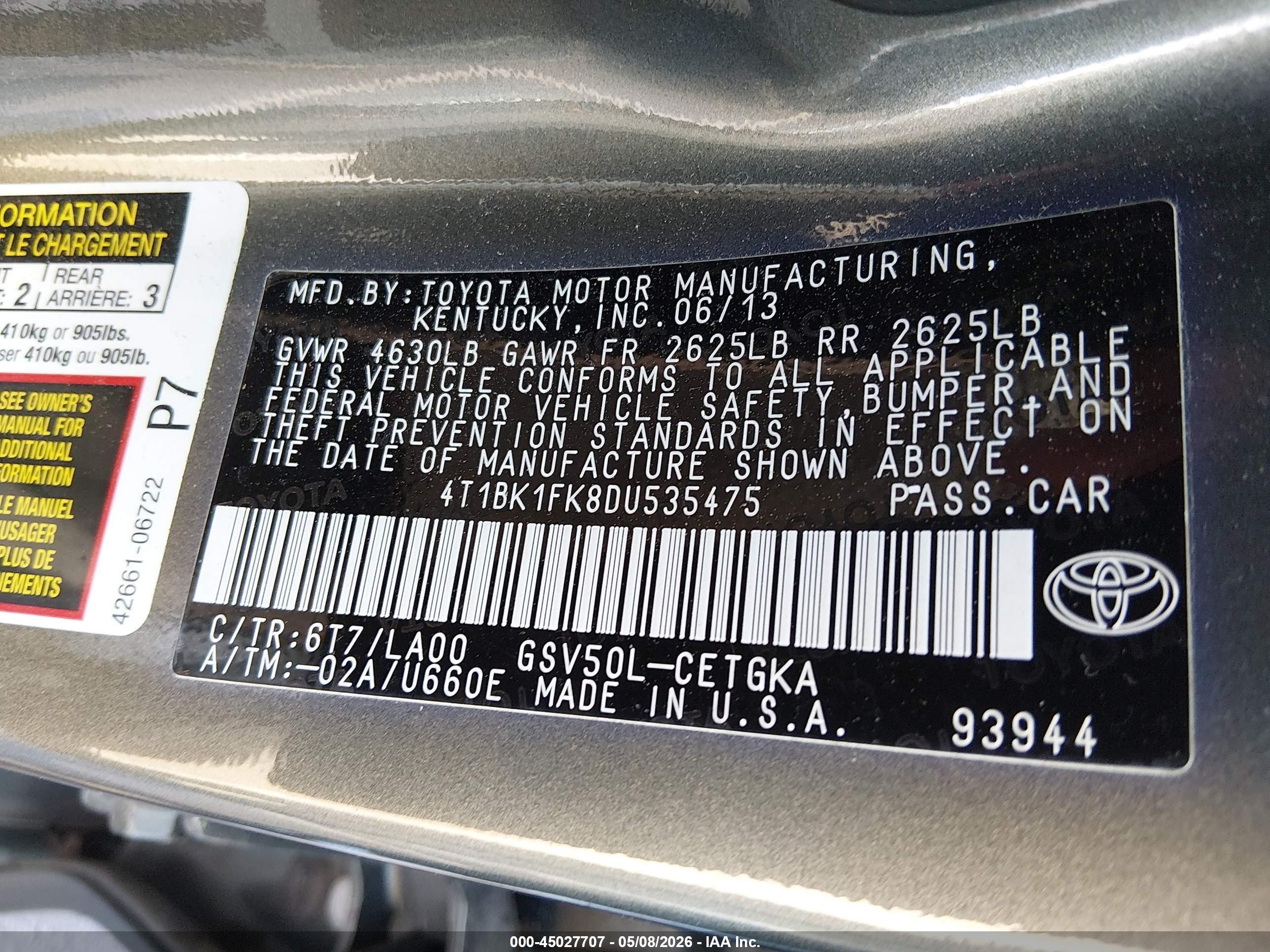 2013 Toyota Camry Xle V6 Серый vin: 4T1BK1FK8DU535475
