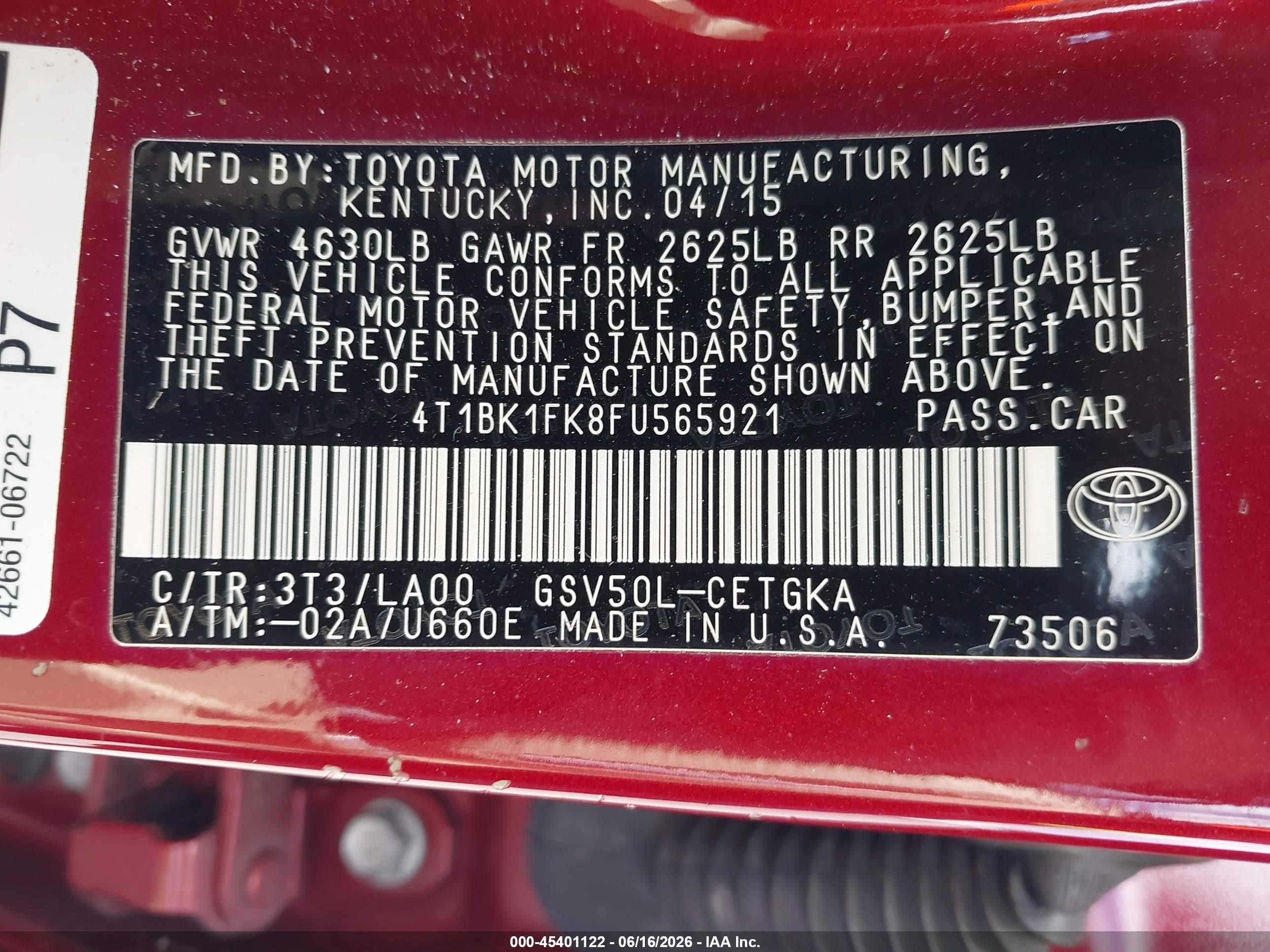 2015 Toyota Camry Xle V6 Red vin: 4T1BK1FK8FU565921