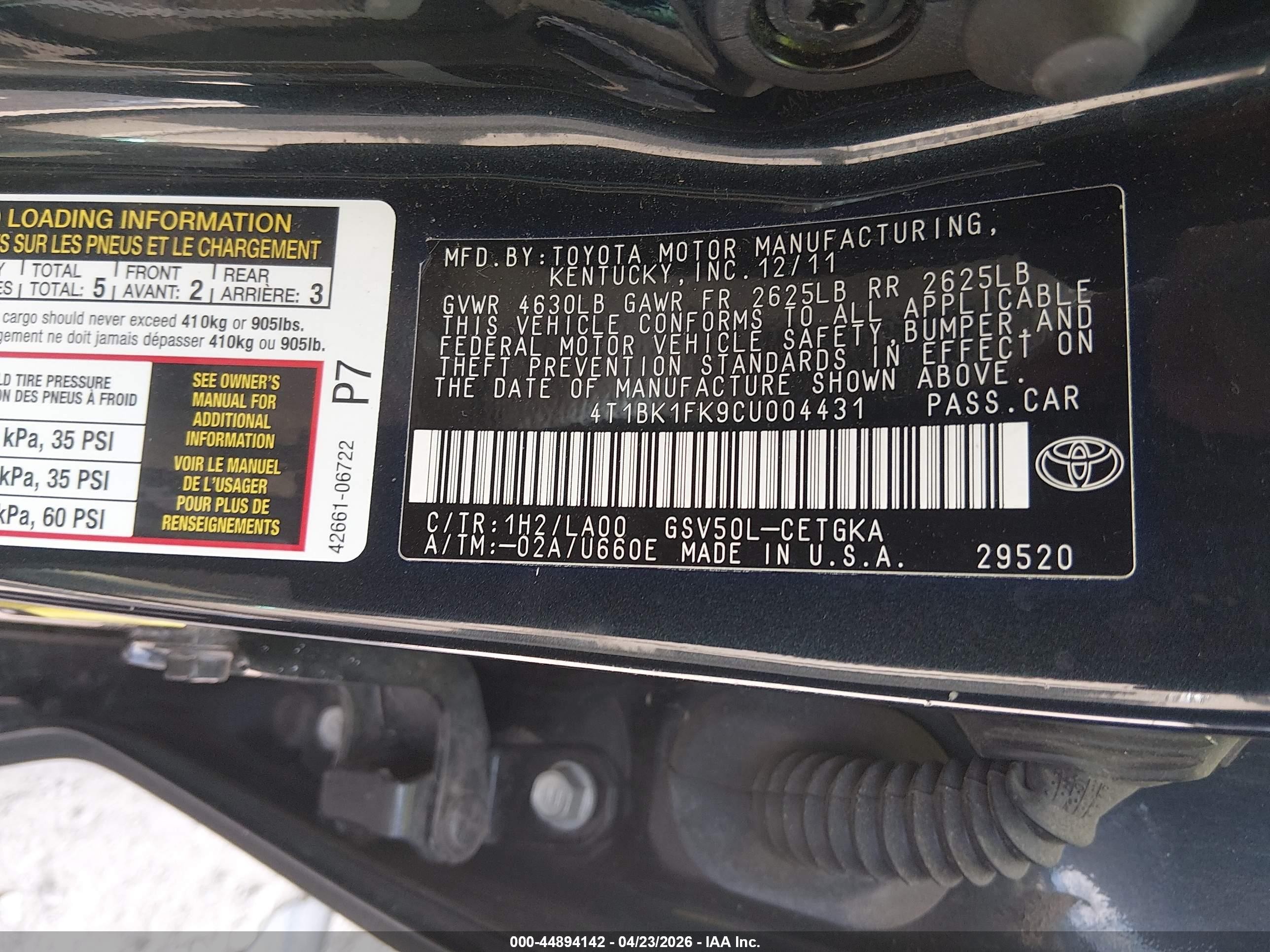 2012 Toyota Camry Xle V6 Black vin: 4T1BK1FK9CU004431