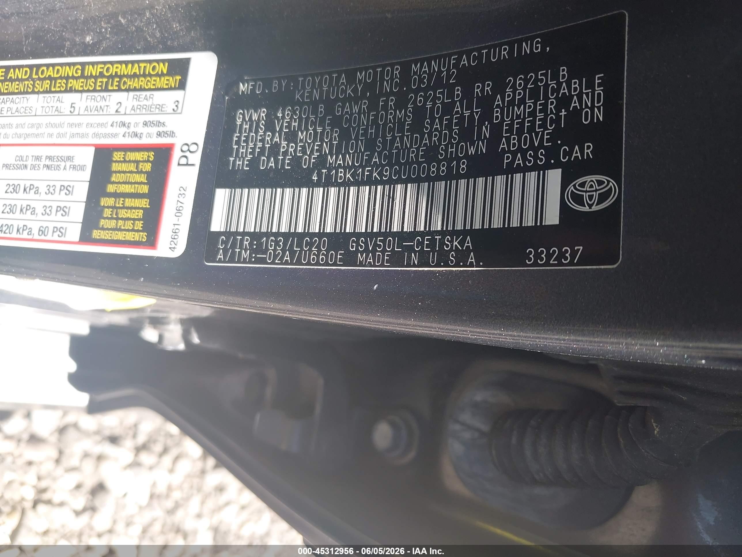 2012 Toyota Camry Se V6 Серый vin: 4T1BK1FK9CU008818