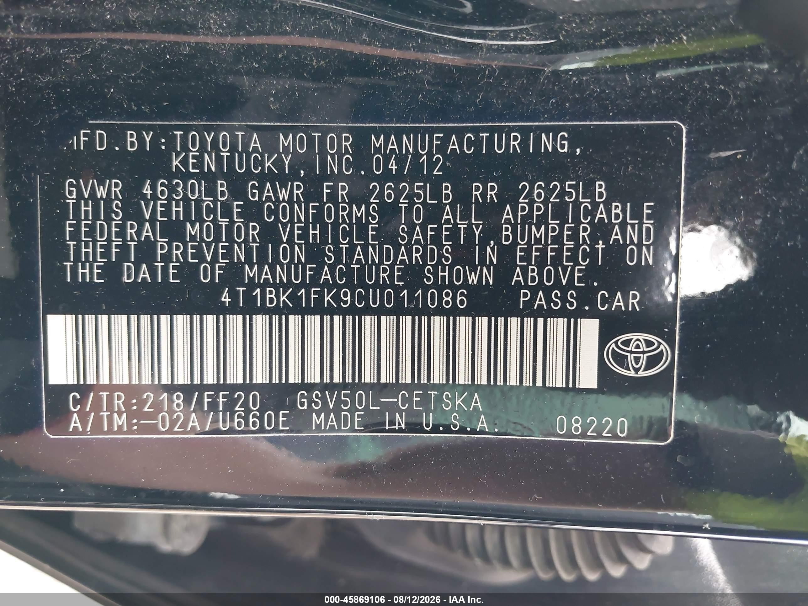 2012 Toyota Camry Se V6 Black vin: 4T1BK1FK9CU011086