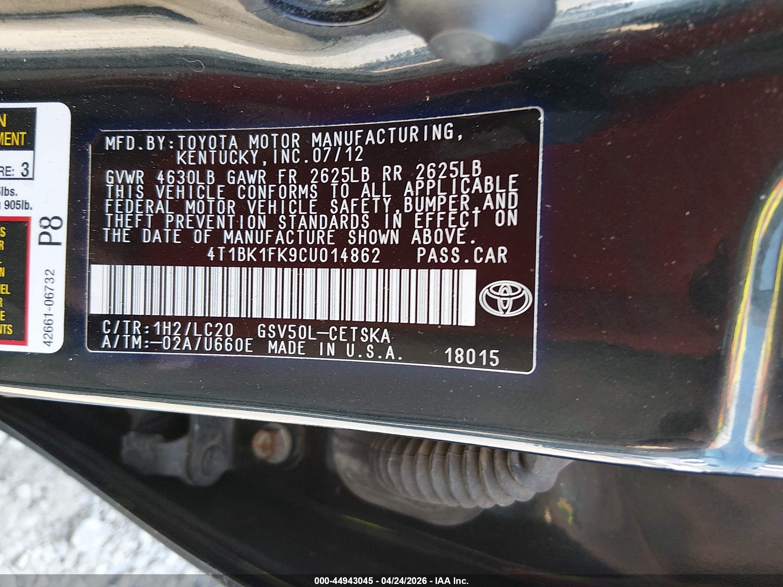 2012 Toyota Camry Se V6 Black vin: 4T1BK1FK9CU014862