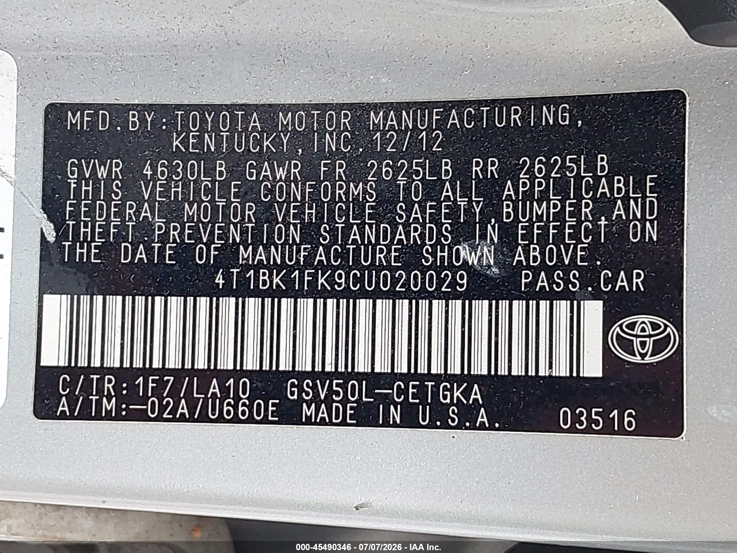 2012 Toyota Camry Xle V6 Silver vin: 4T1BK1FK9CU020029