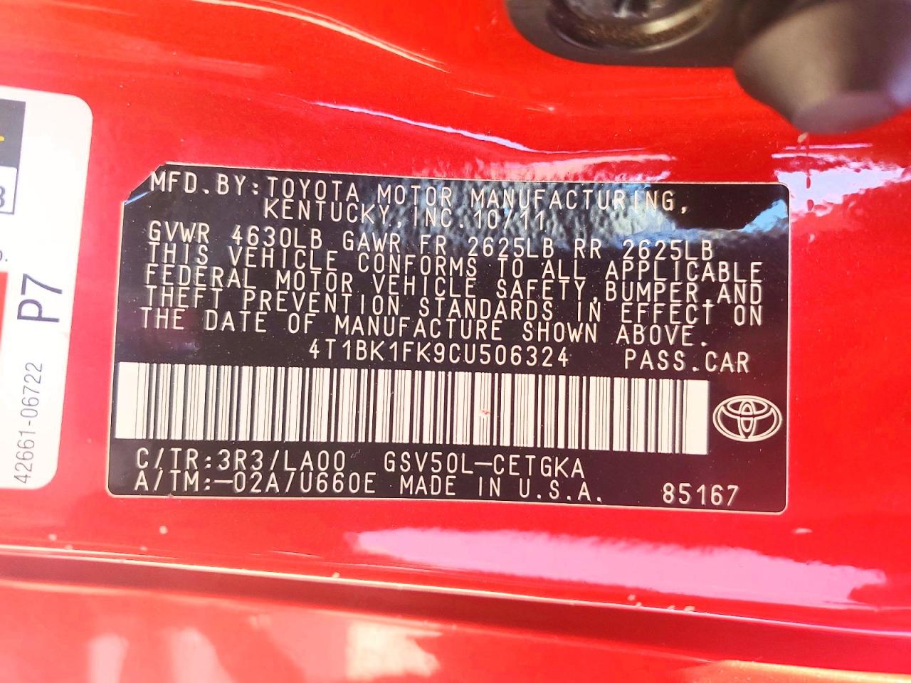 2012 Toyota Camry Xle V6 Red vin: 4T1BK1FK9CU506324