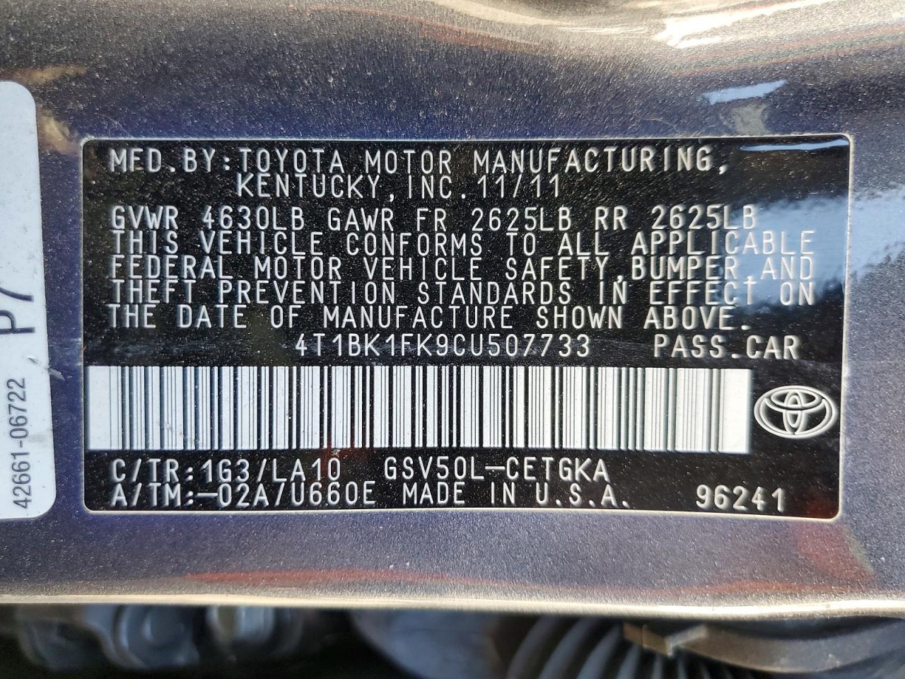 2012 Toyota Camry Xle V6 Charcoal vin: 4T1BK1FK9CU507733