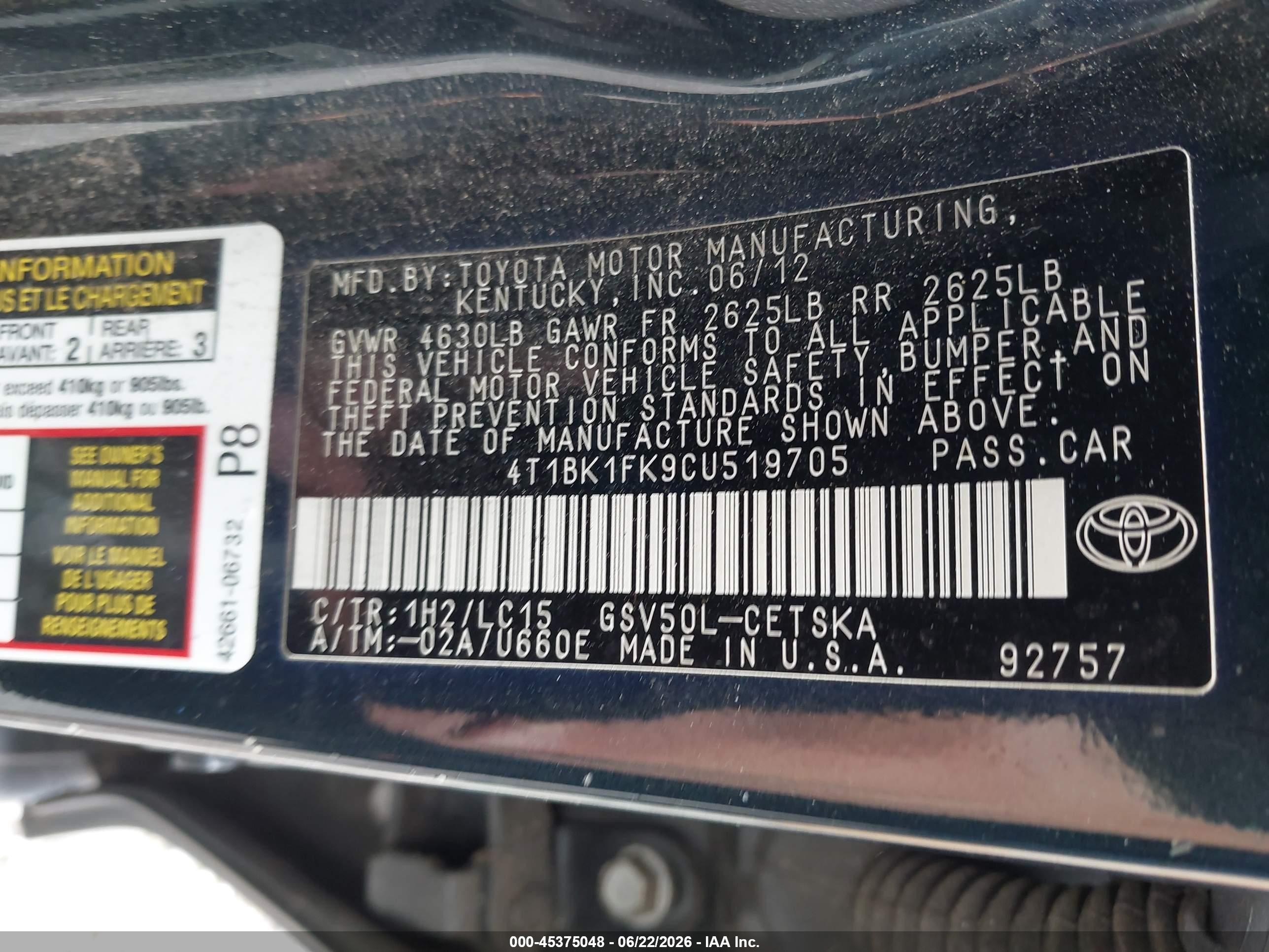 2012 Toyota Camry Se V6 Black vin: 4T1BK1FK9CU519705
