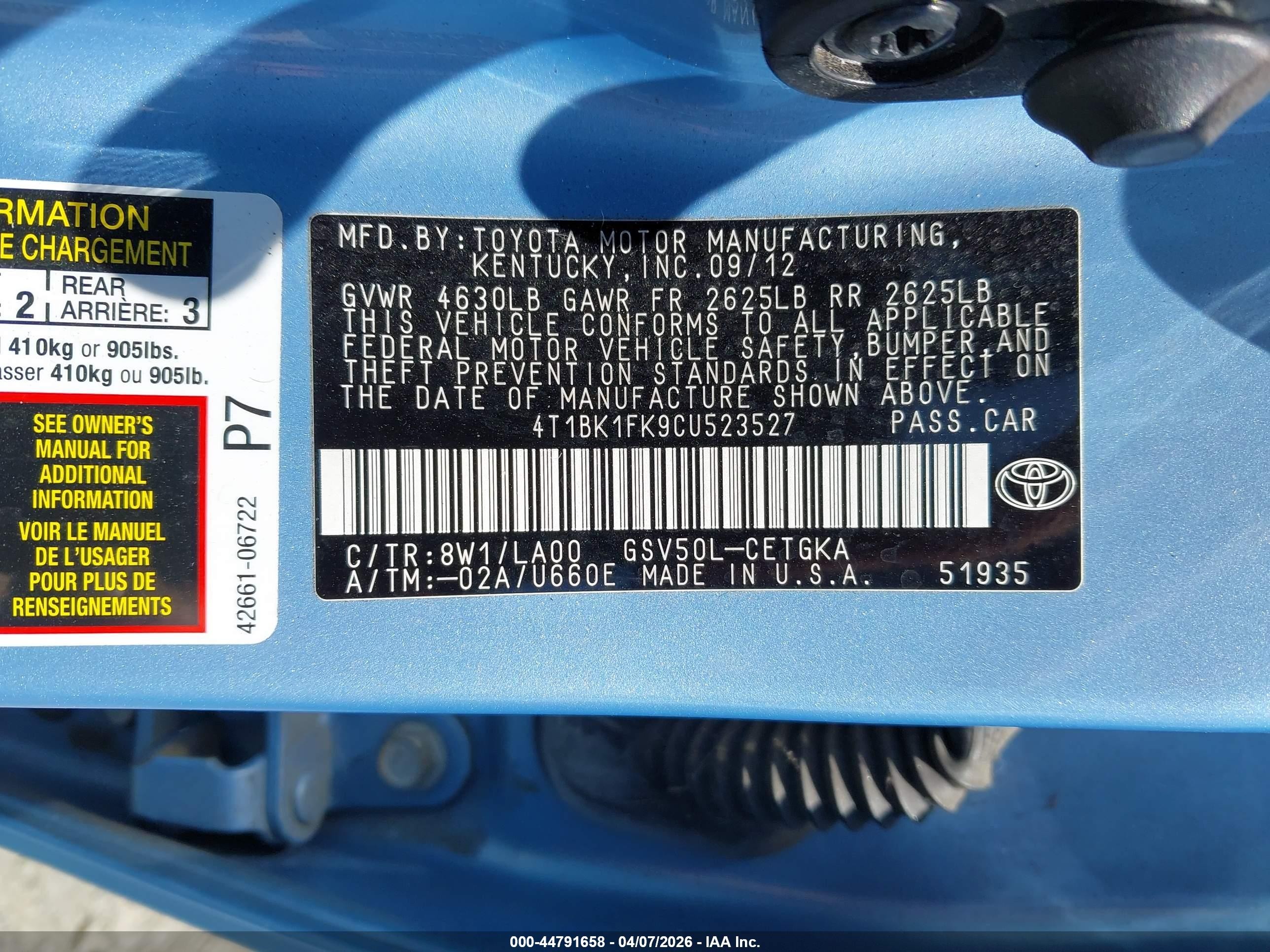 2012 Toyota Camry Xle V6 Blue vin: 4T1BK1FK9CU523527