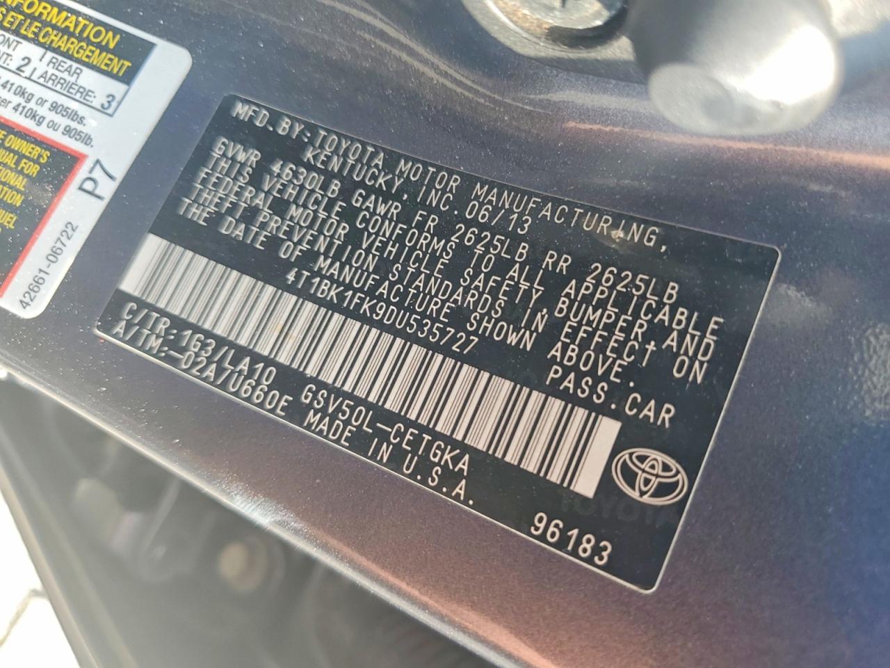2013 Toyota Camry Xle V6 Серый vin: 4T1BK1FK9DU535727