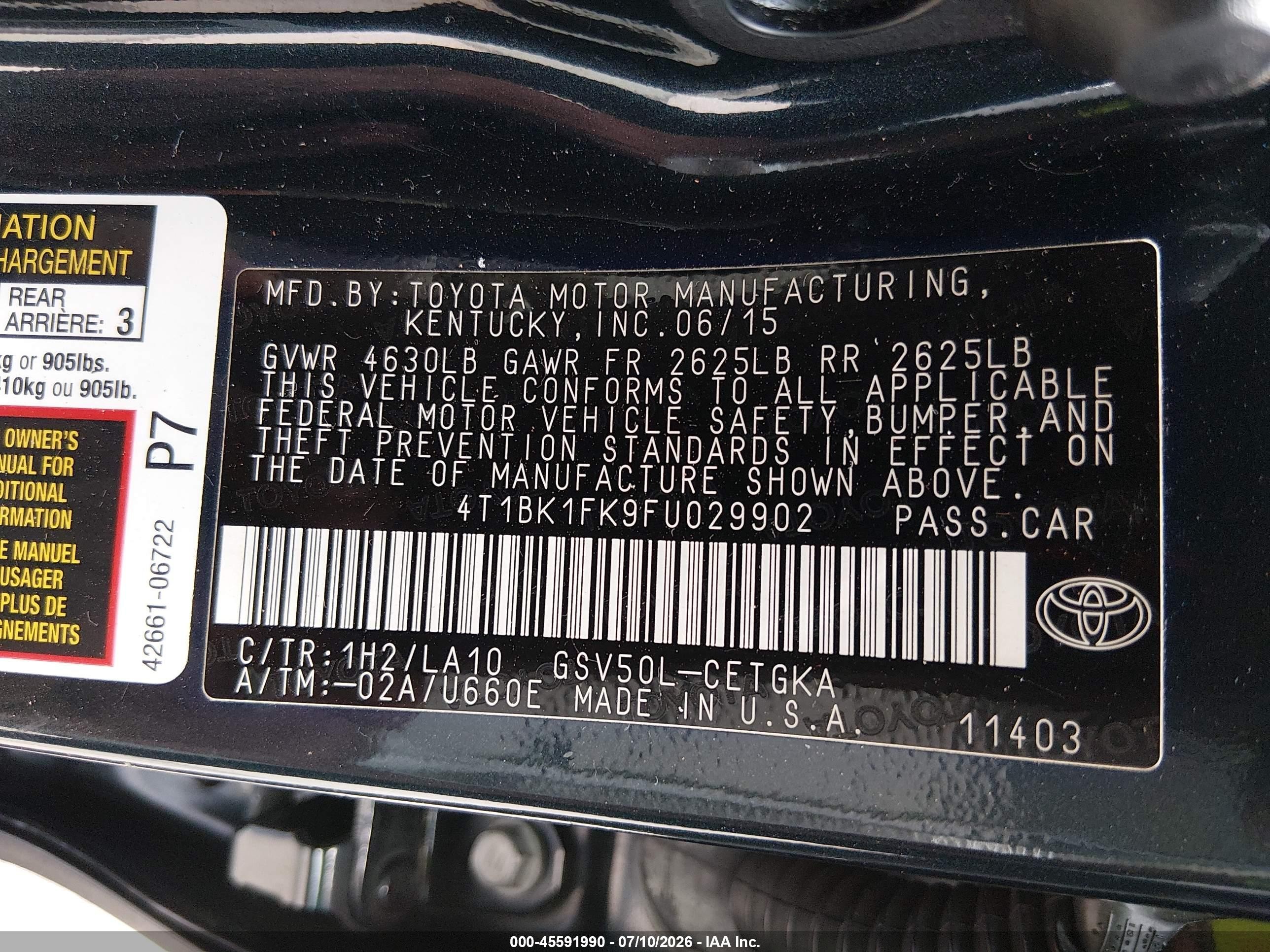 2015 Toyota Camry Xle V6 Gray vin: 4T1BK1FK9FU029902