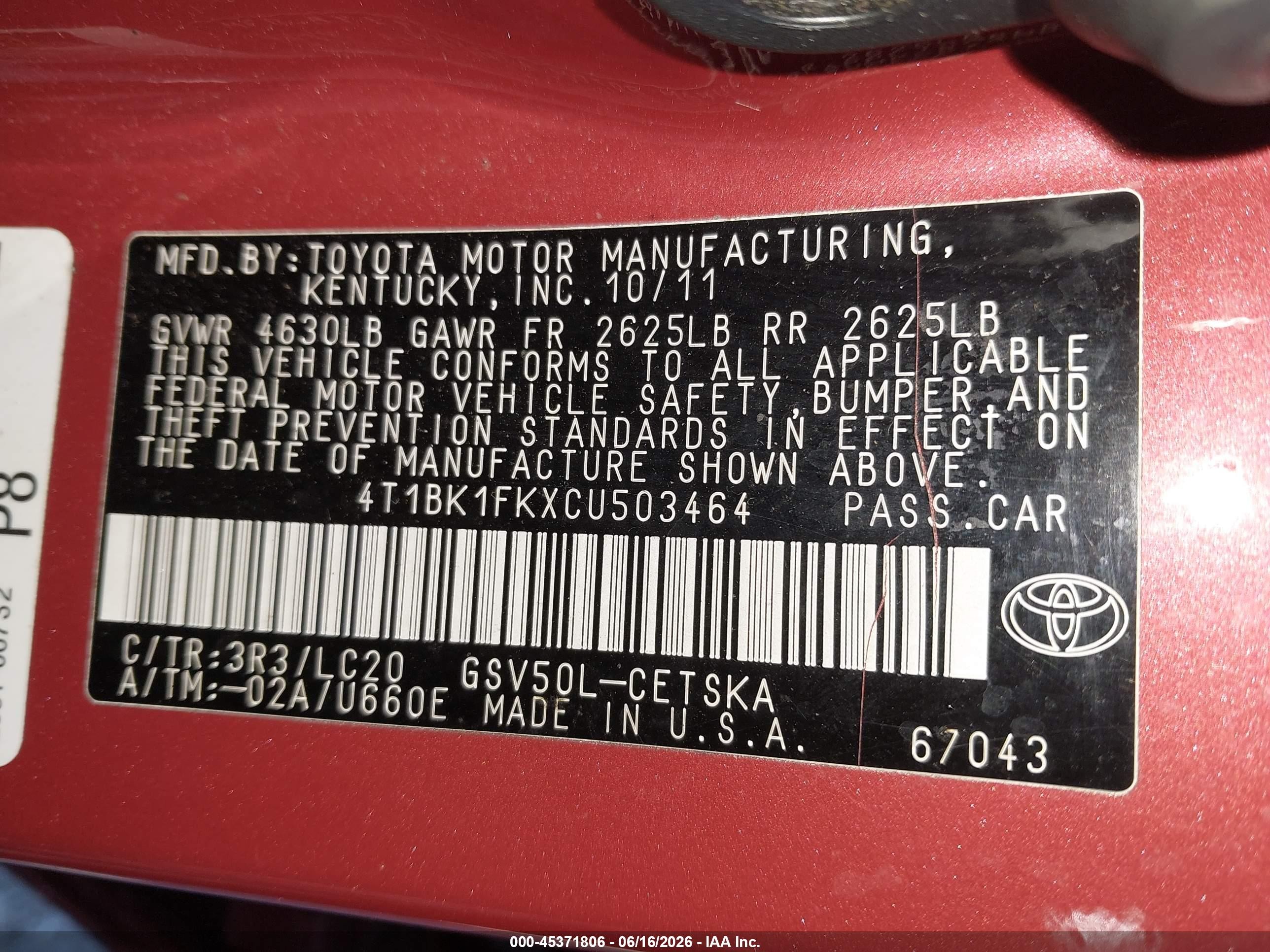 2012 Toyota Camry Se V6 Red vin: 4T1BK1FKXCU503464