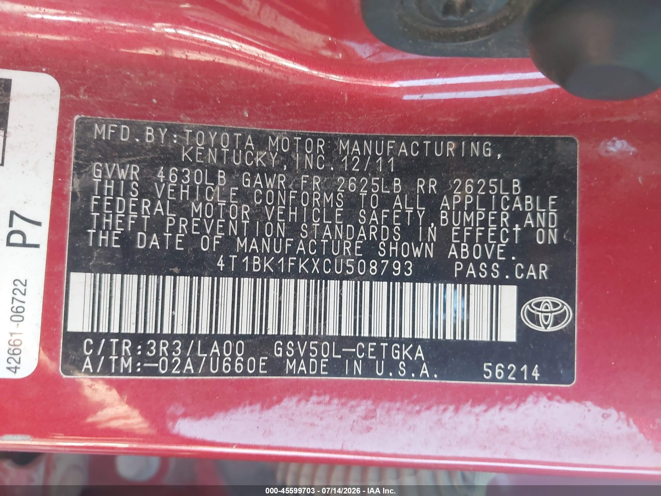 2012 Toyota Camry Xle V6 Red vin: 4T1BK1FKXCU508793
