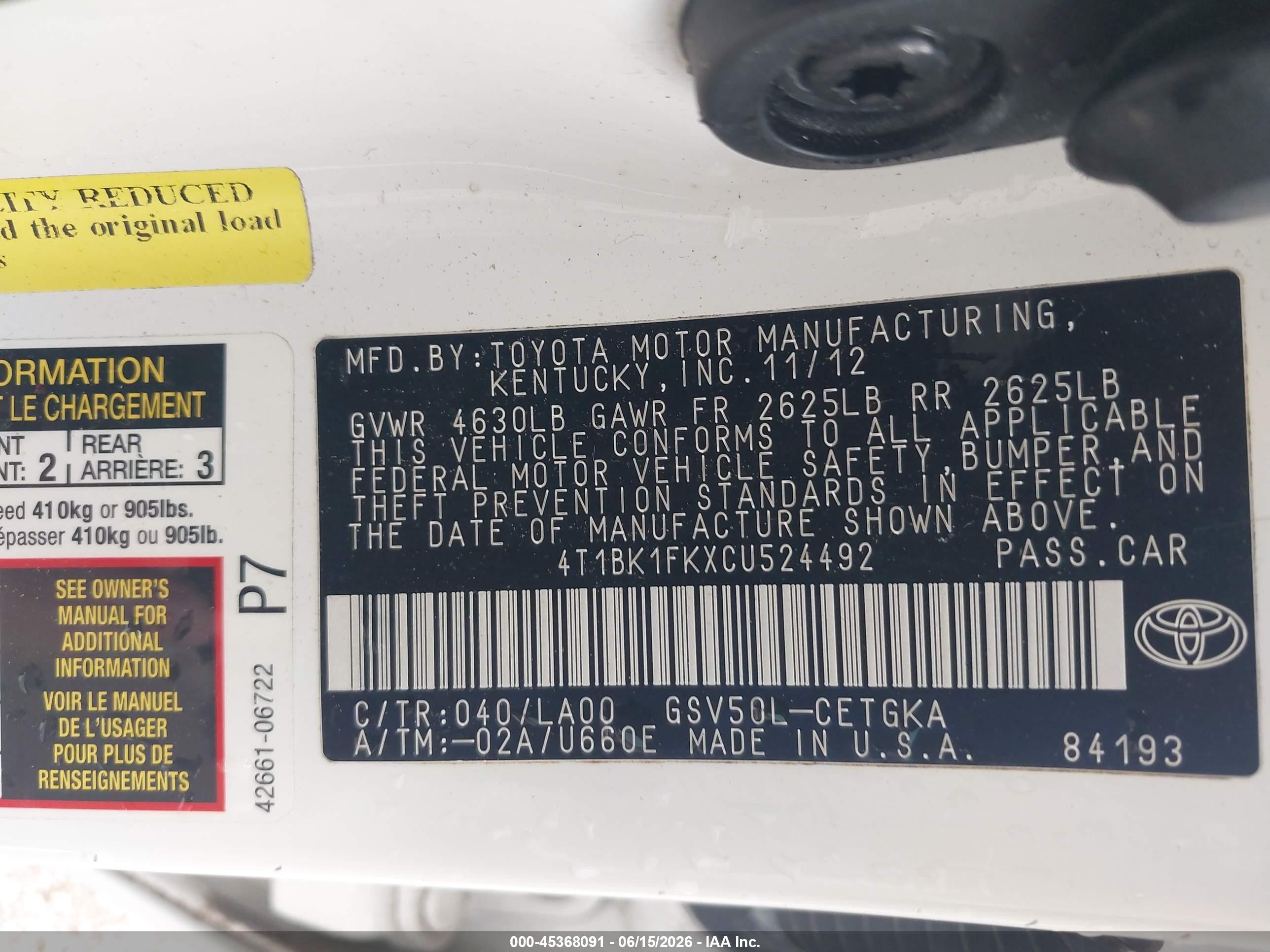 2012 Toyota Camry Xle V6 Белый vin: 4T1BK1FKXCU524492