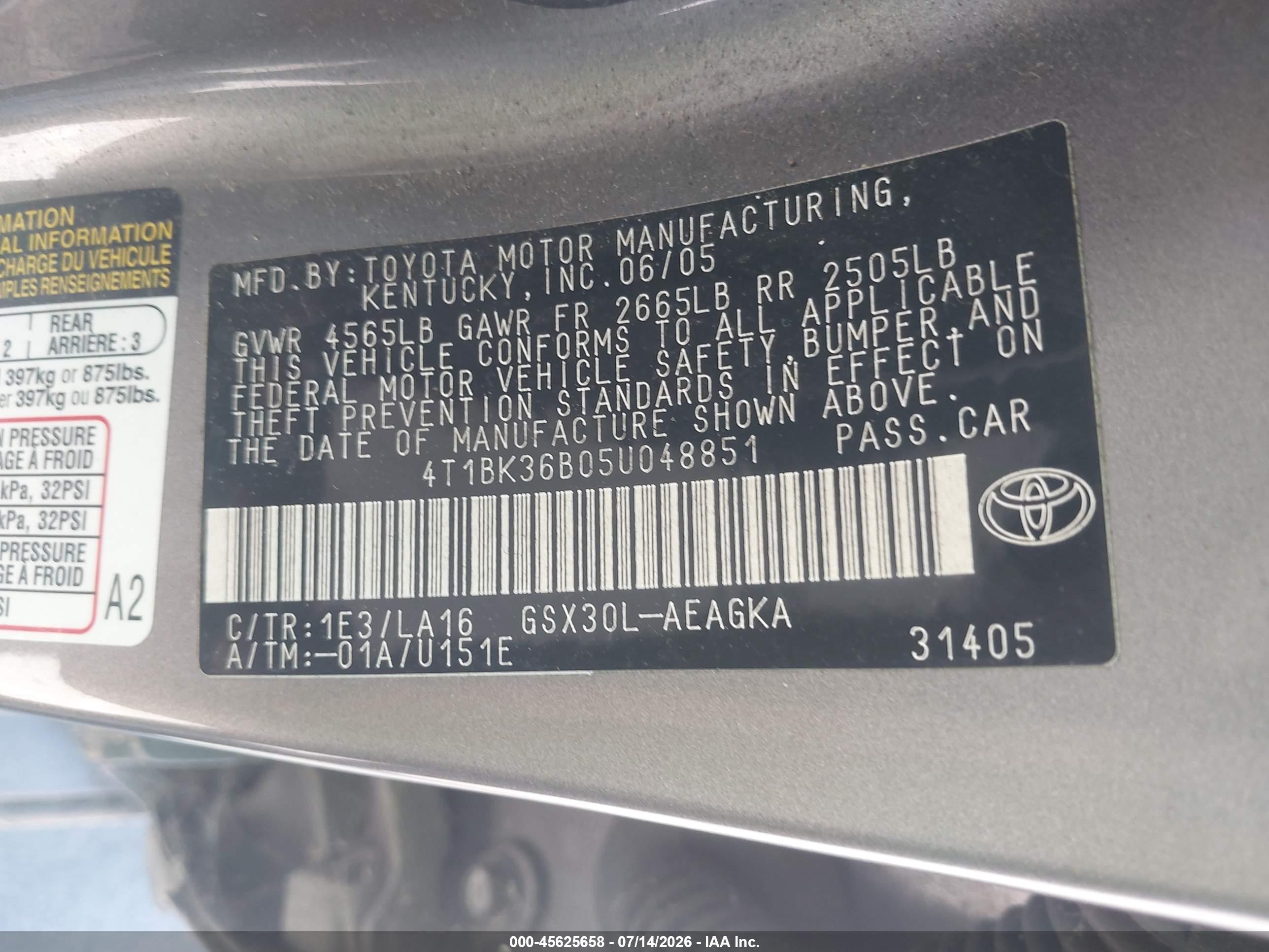 2005 Toyota Avalon Xls Gray vin: 4T1BK36B05U048851