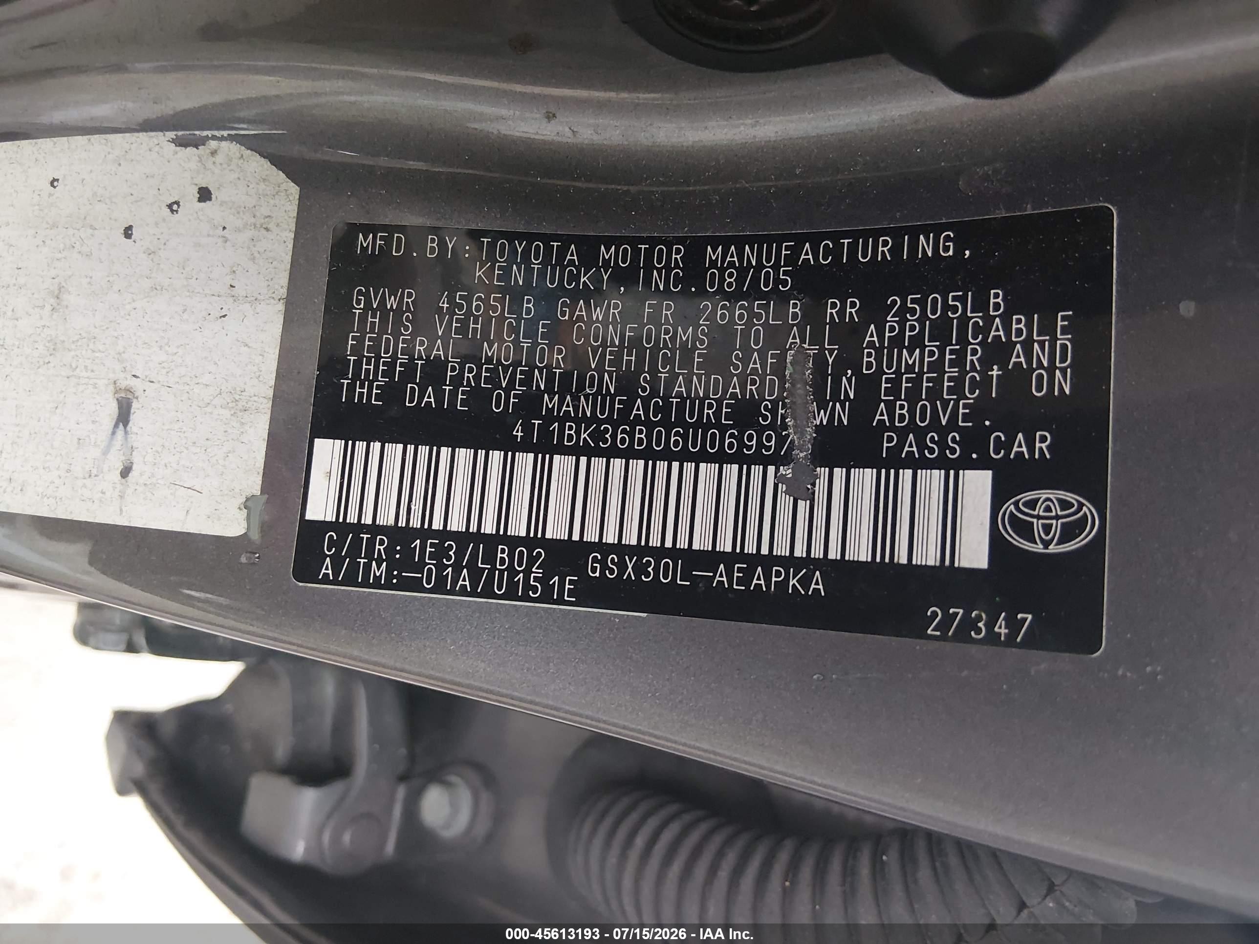 2006 Toyota Avalon Limited Серый vin: 4T1BK36B06U069975