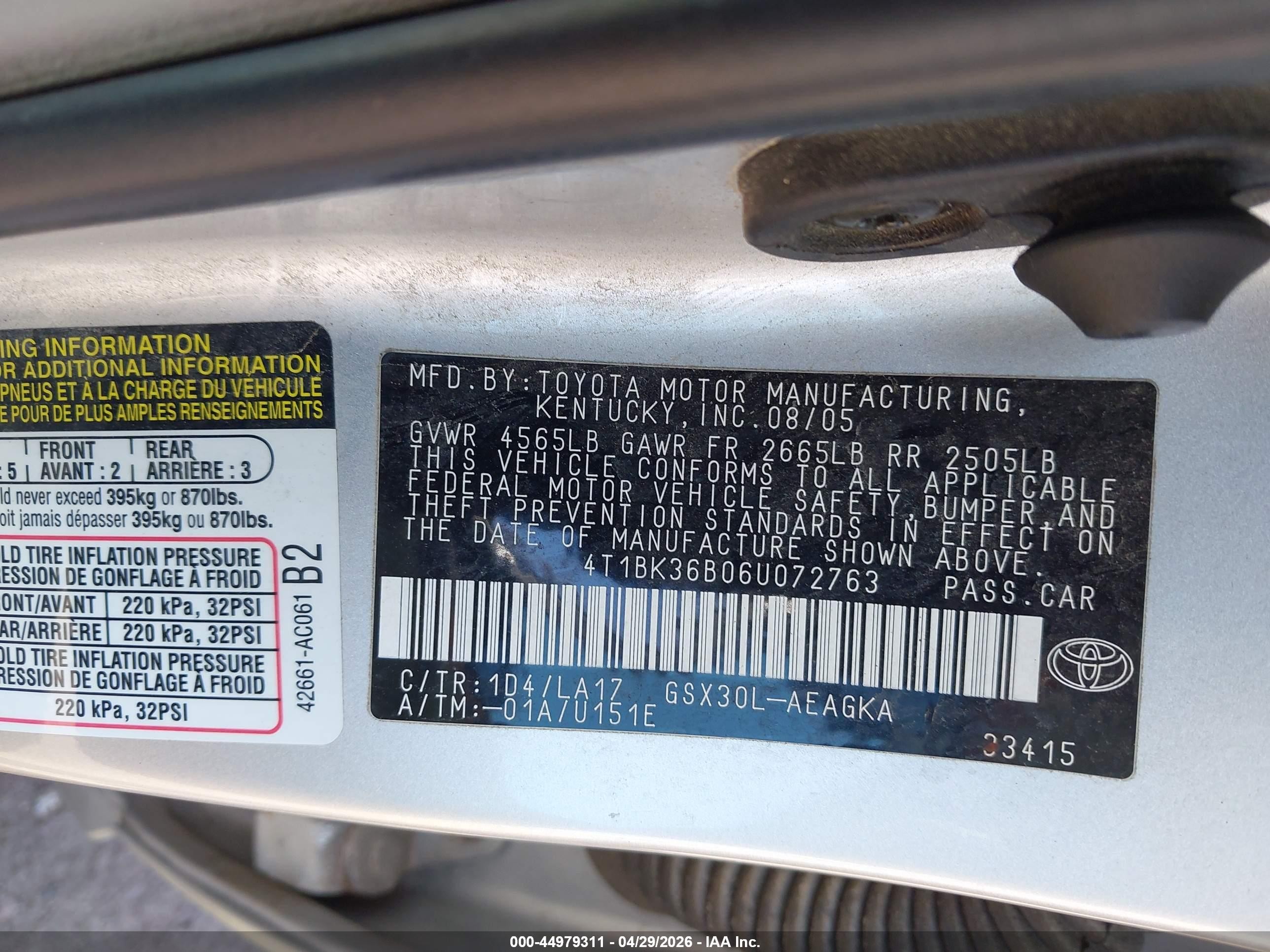 2006 Toyota Avalon Xls Серебряный vin: 4T1BK36B06U072763
