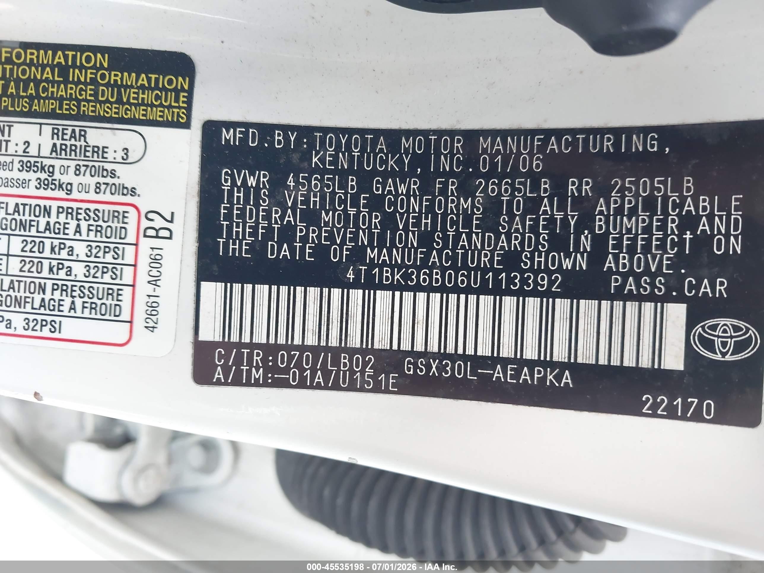 2006 Toyota Avalon Limited White vin: 4T1BK36B06U113392