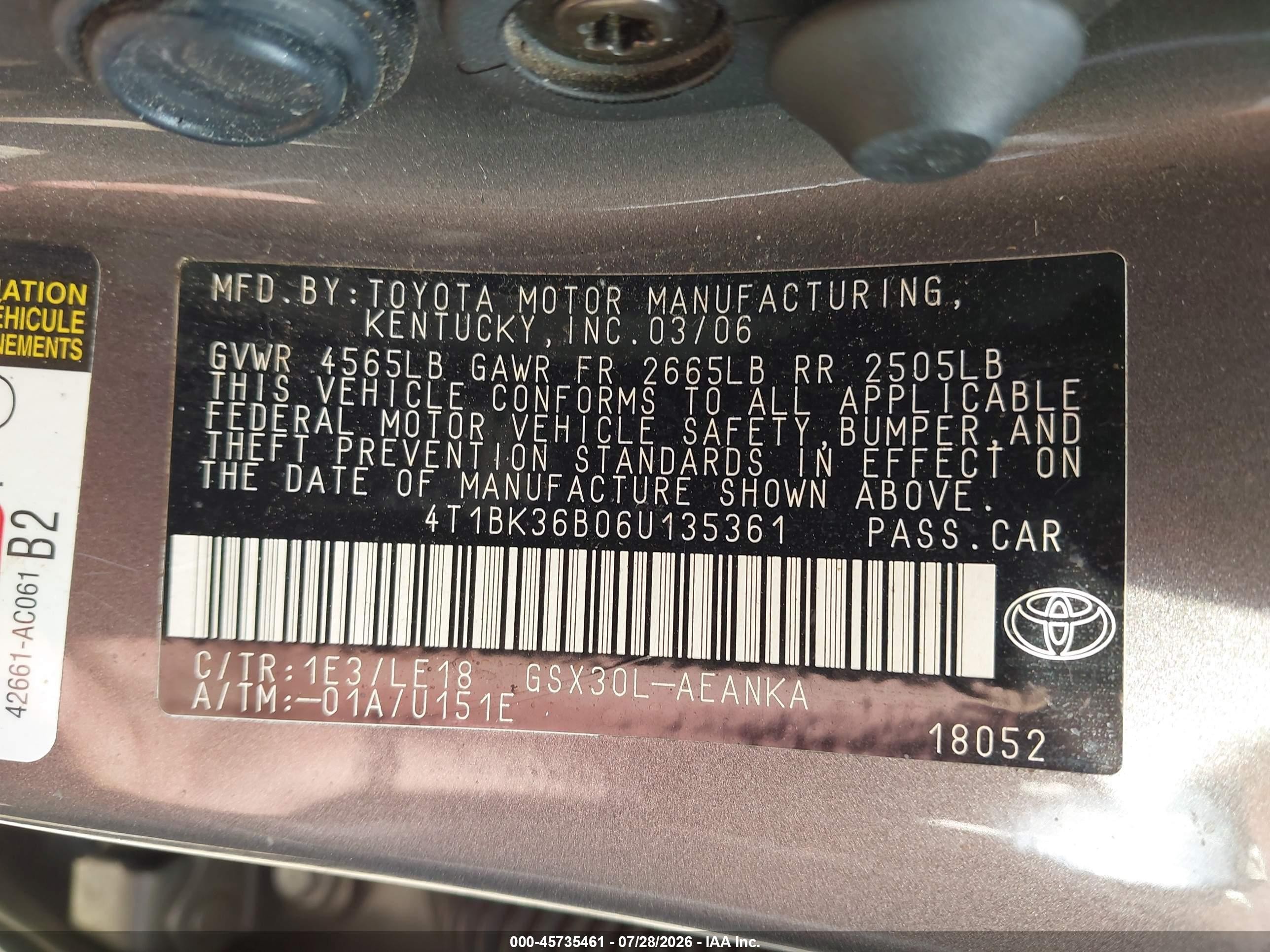 2006 Toyota Avalon Touring Gray vin: 4T1BK36B06U135361
