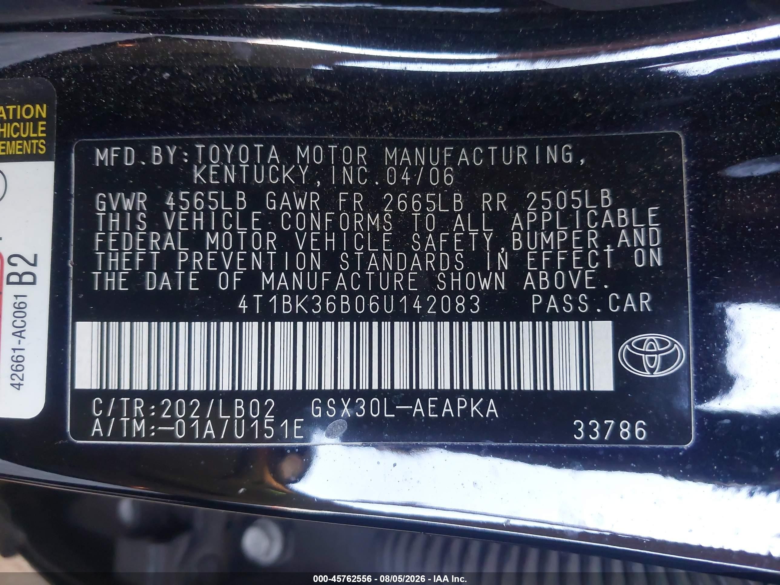 2006 Toyota Avalon Limited Black vin: 4T1BK36B06U142083
