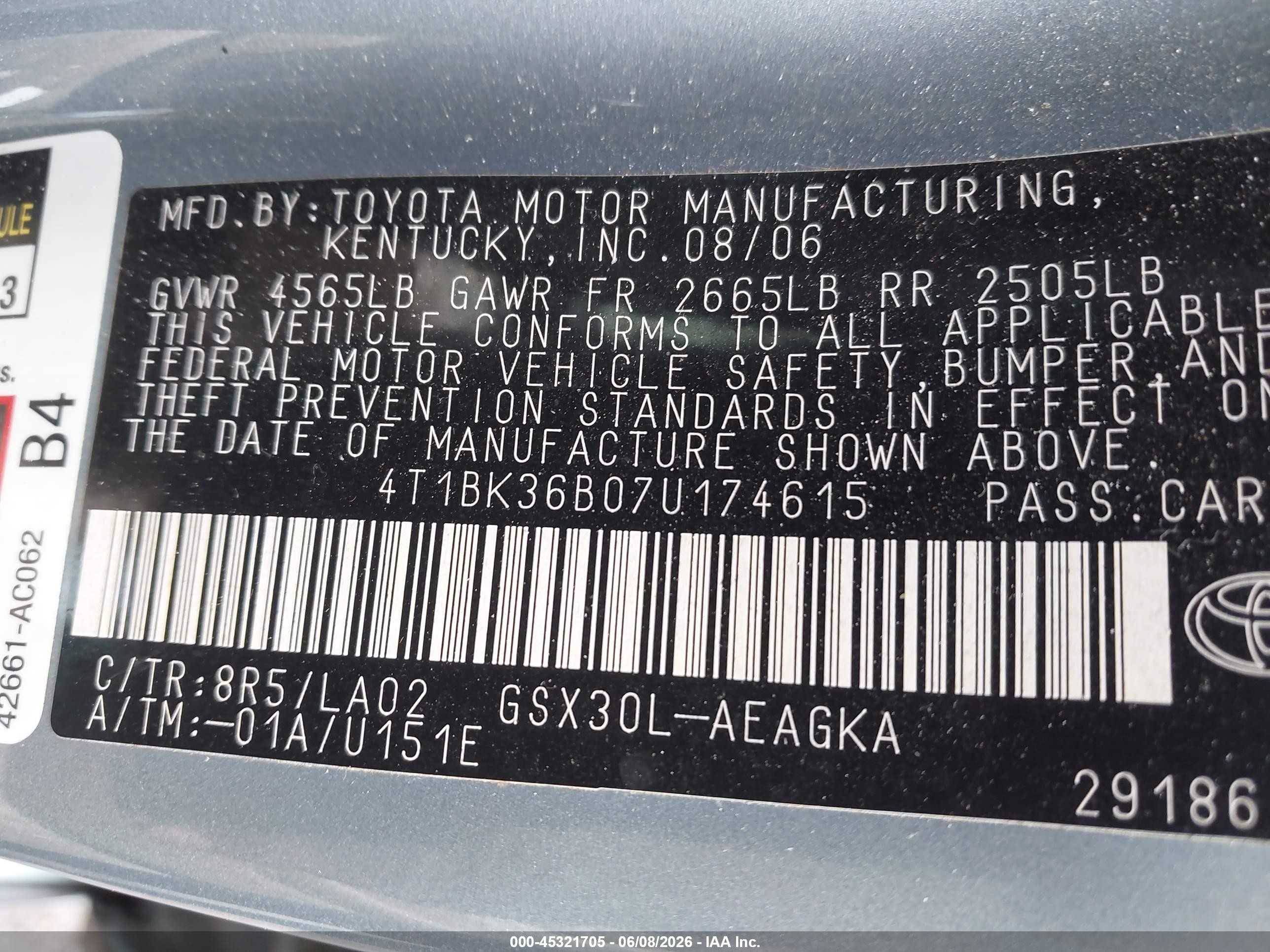 2007 Toyota Avalon Xls Light Blue vin: 4T1BK36B07U174615