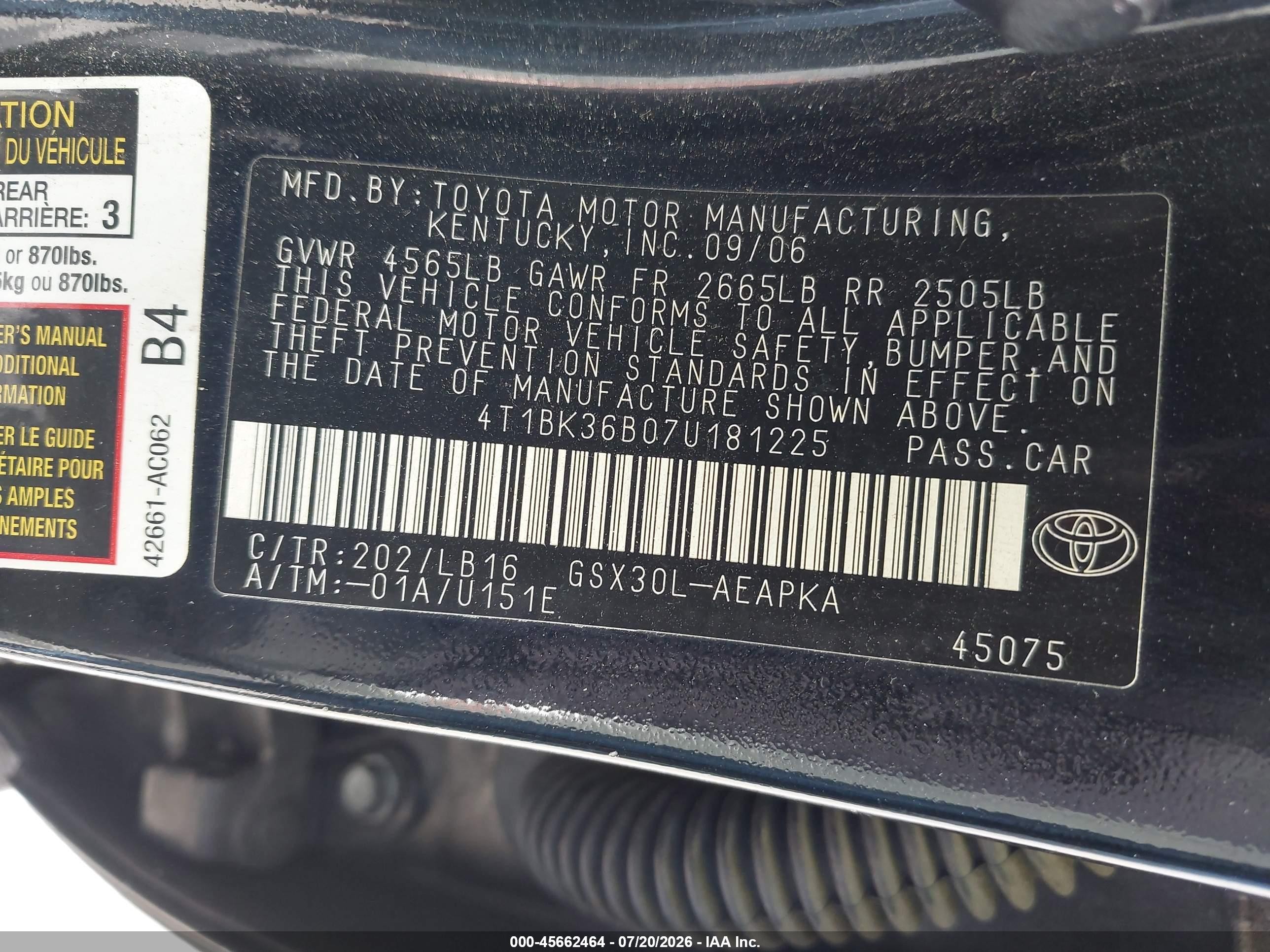2007 Toyota Avalon Limited Black vin: 4T1BK36B07U181225